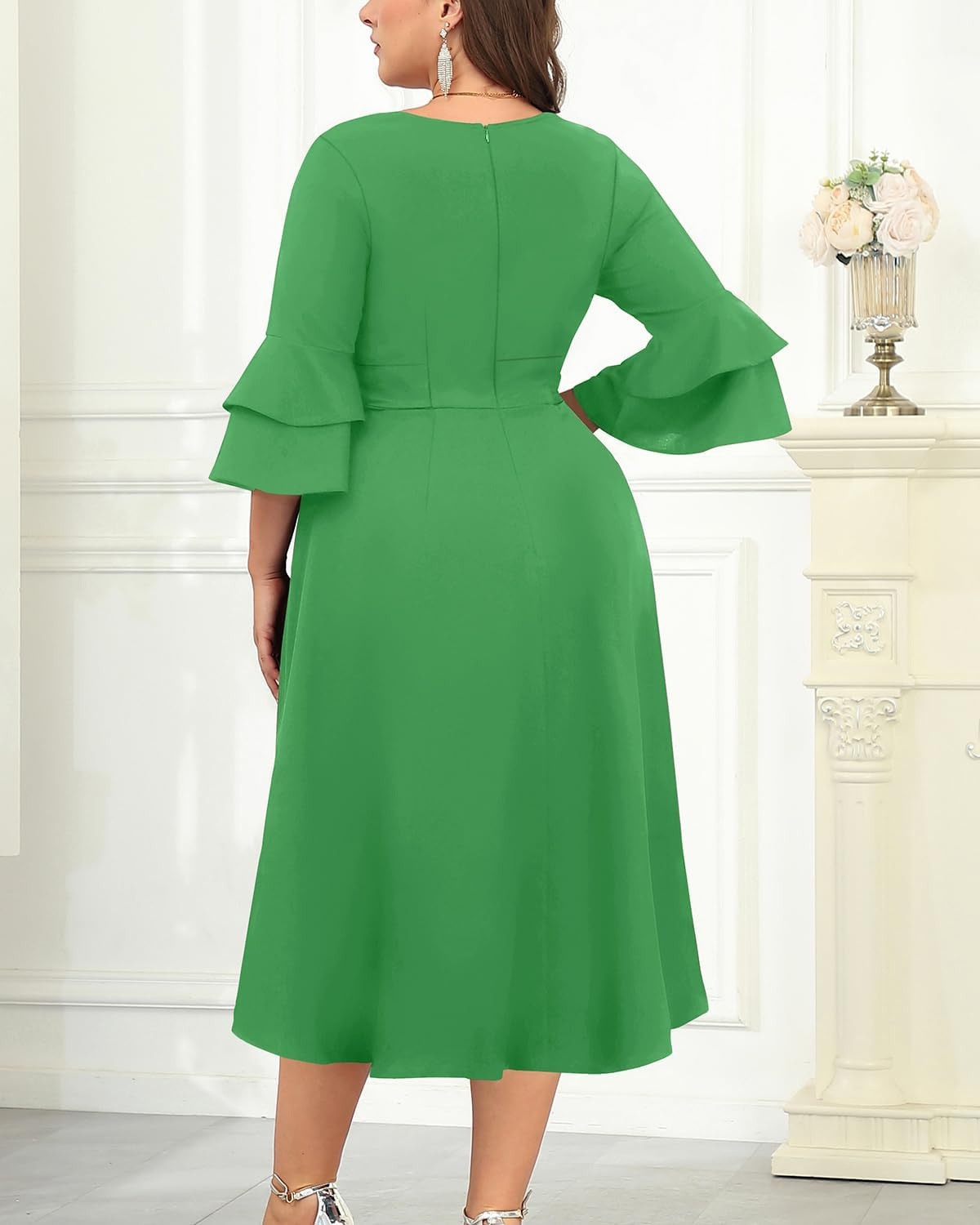 Plus Size Wedding Guest Dress – Semi Formal Double Bell Sleeve V Neck High Low Split Ruffle Cocktail Dresses with Belt(Bright Green)