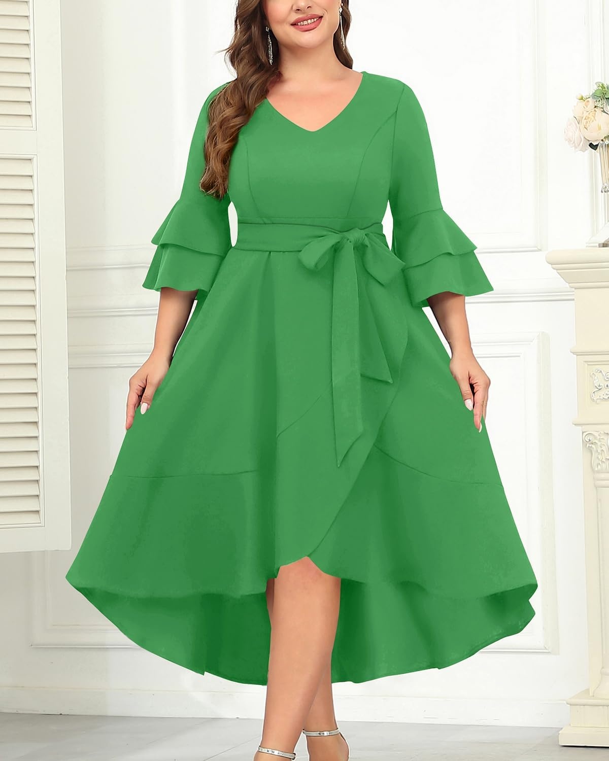 Plus Size Wedding Guest Dress – Semi Formal Double Bell Sleeve V Neck High Low Split Ruffle Cocktail Dresses with Belt(Bright Green)