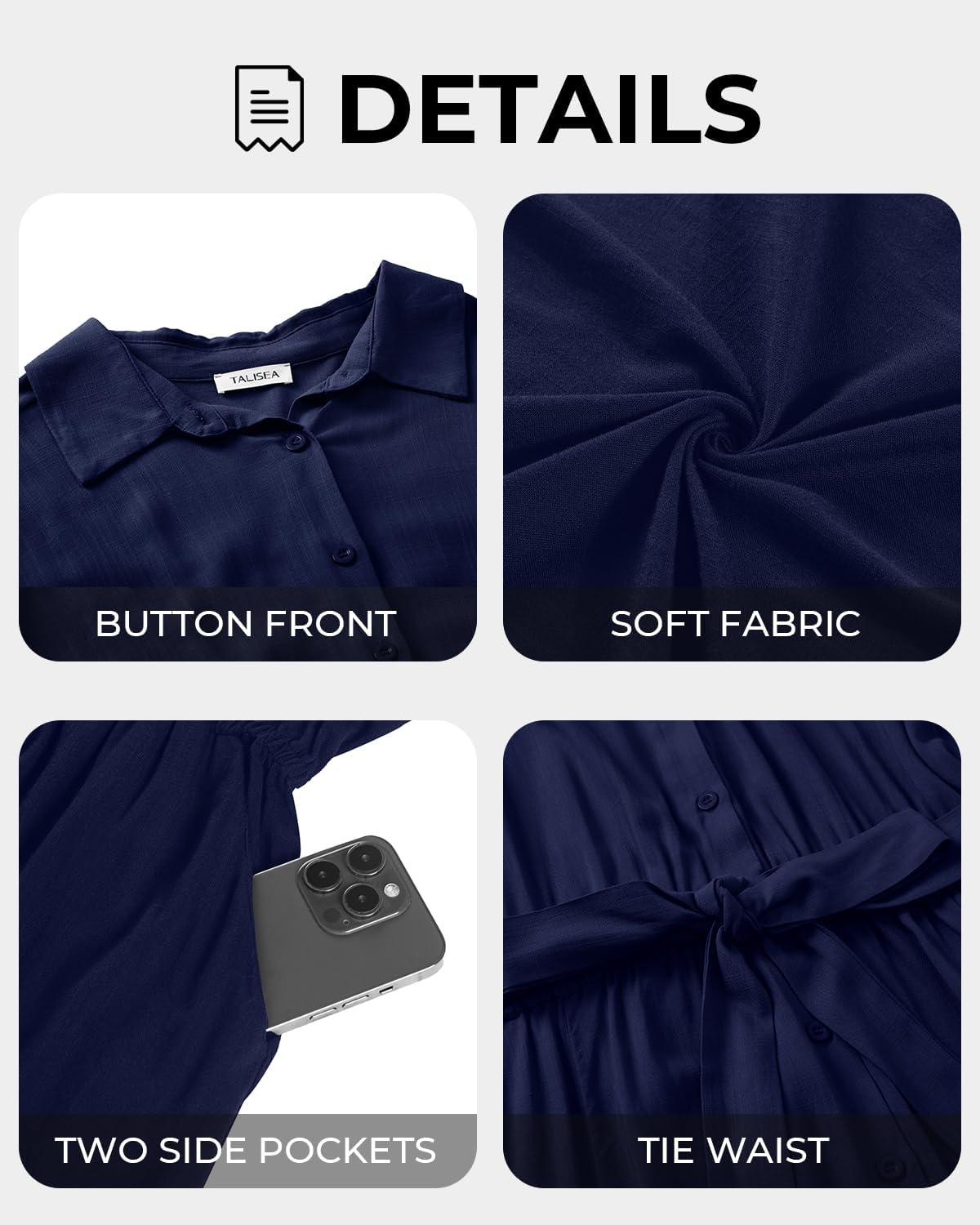Talisea Plus Size Summer Dress – Work Shirt Dress with Pockets Women | Casual summer dress, work shirt dress, short sleeve button down style, collared design with belt and pockets.(Navy Blue)