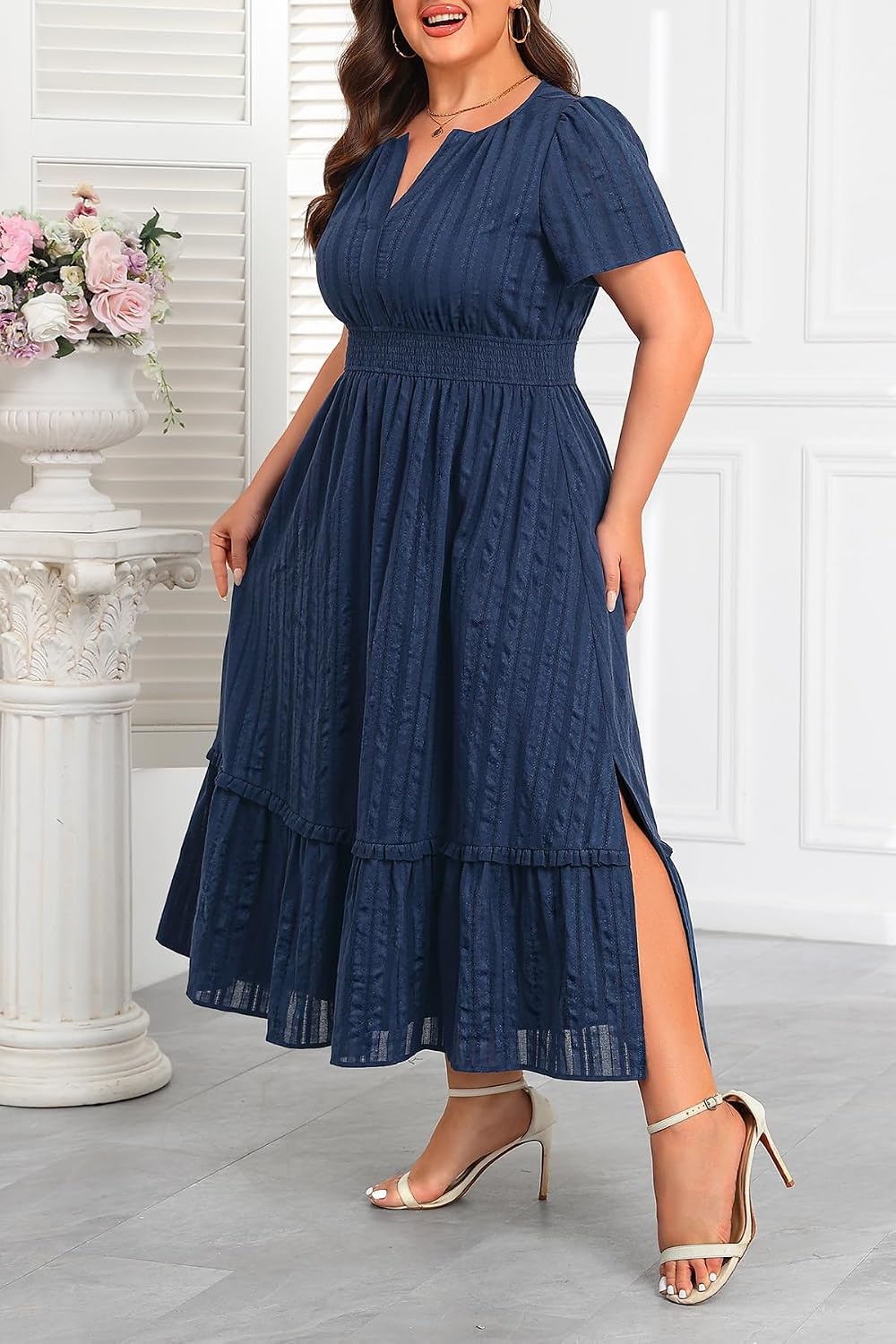 Talisea Plus Size Summer Dresses – Casual Boho Cotton Long Maxi Dress Women(Navy Blue)