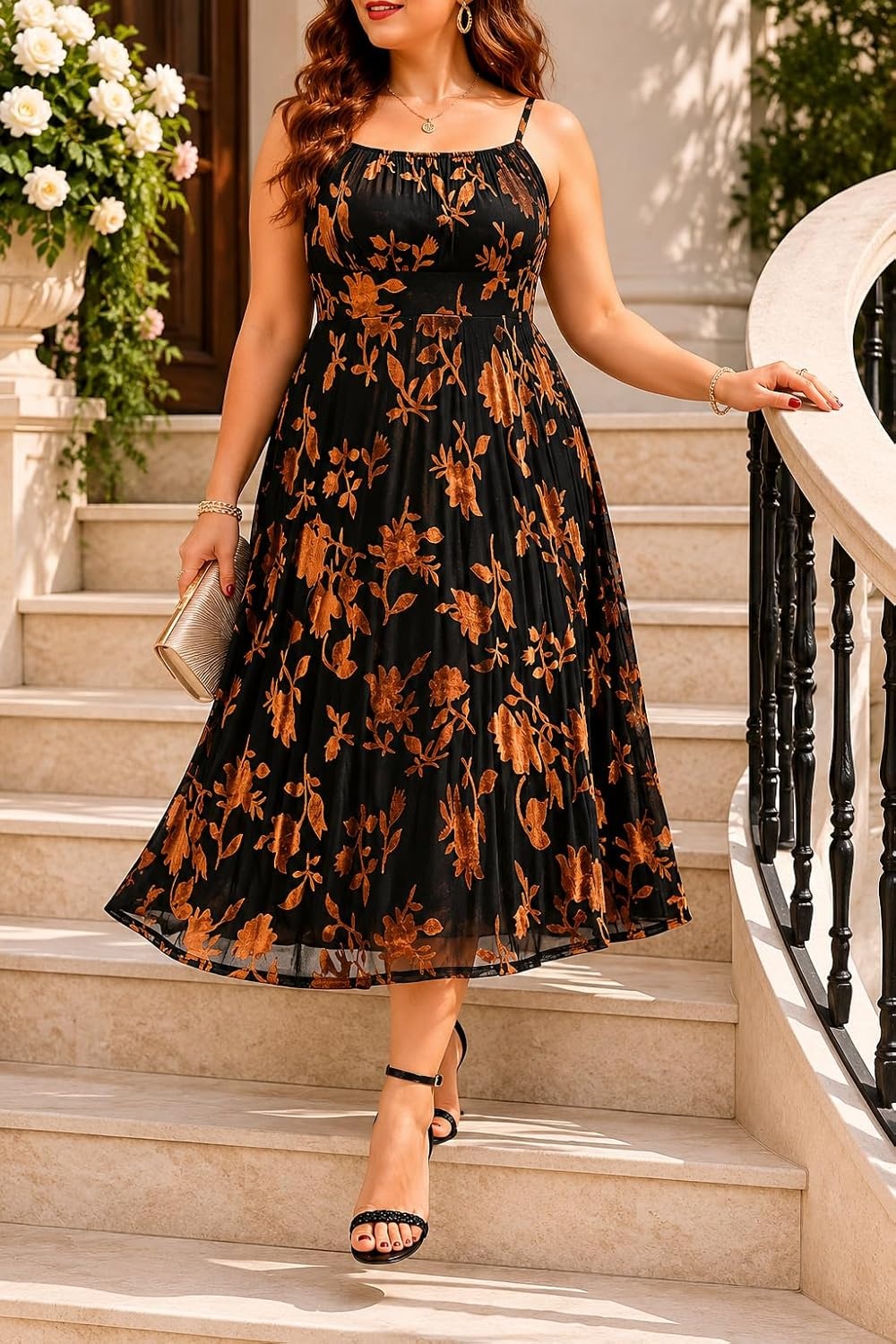 Plus Size Cocktail Dresses – Velvet Party Summer Formal Wedding Guest Sleeveless Spaghetti Strap Floral Midi Dress(Brown Floral)