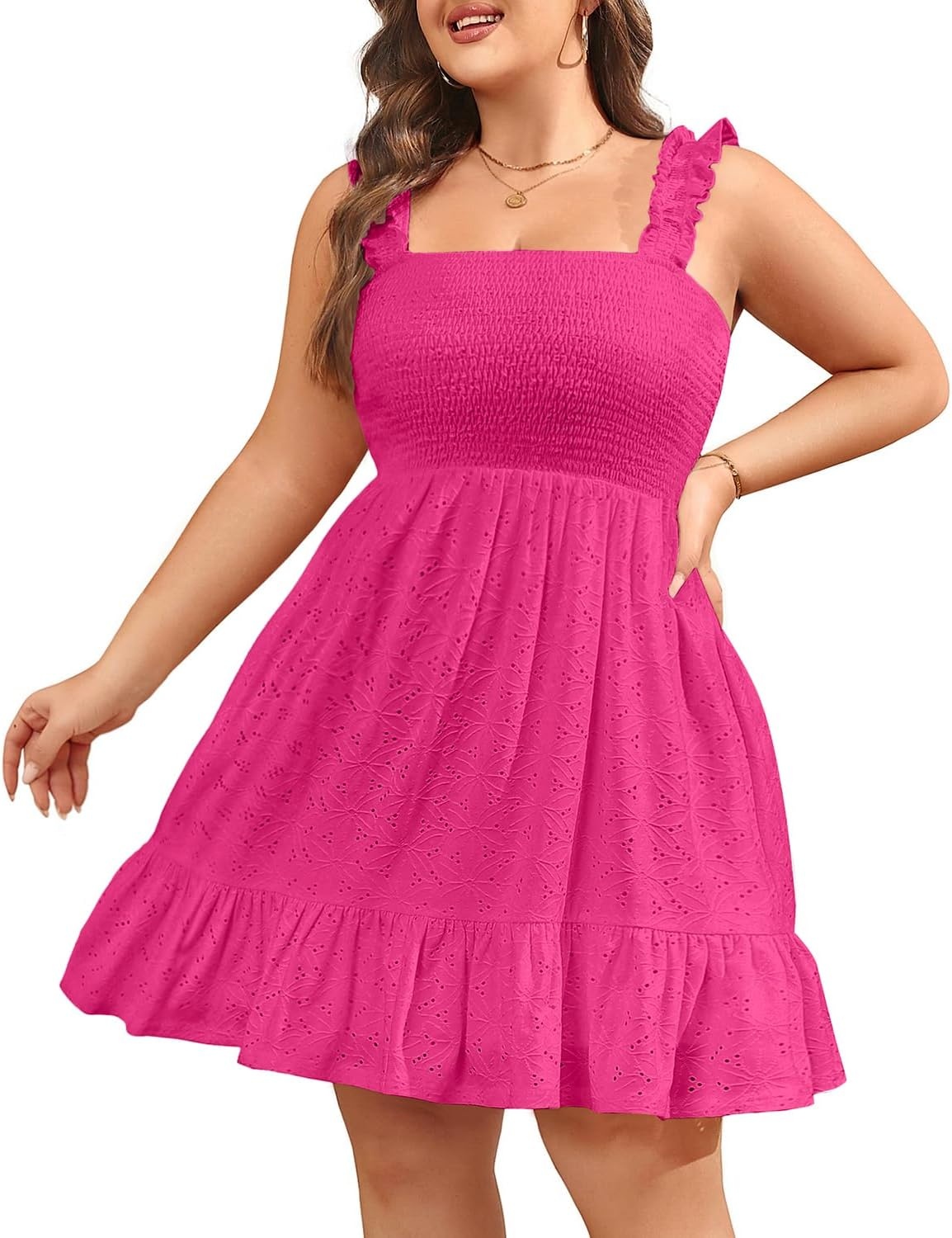 Talisea Women’s Plus Size Summer Dresses – Casual Eyelet Square Neck Sleeveless Smocked Ruffle A-Line Cute Short Sundress(Hot Pink)