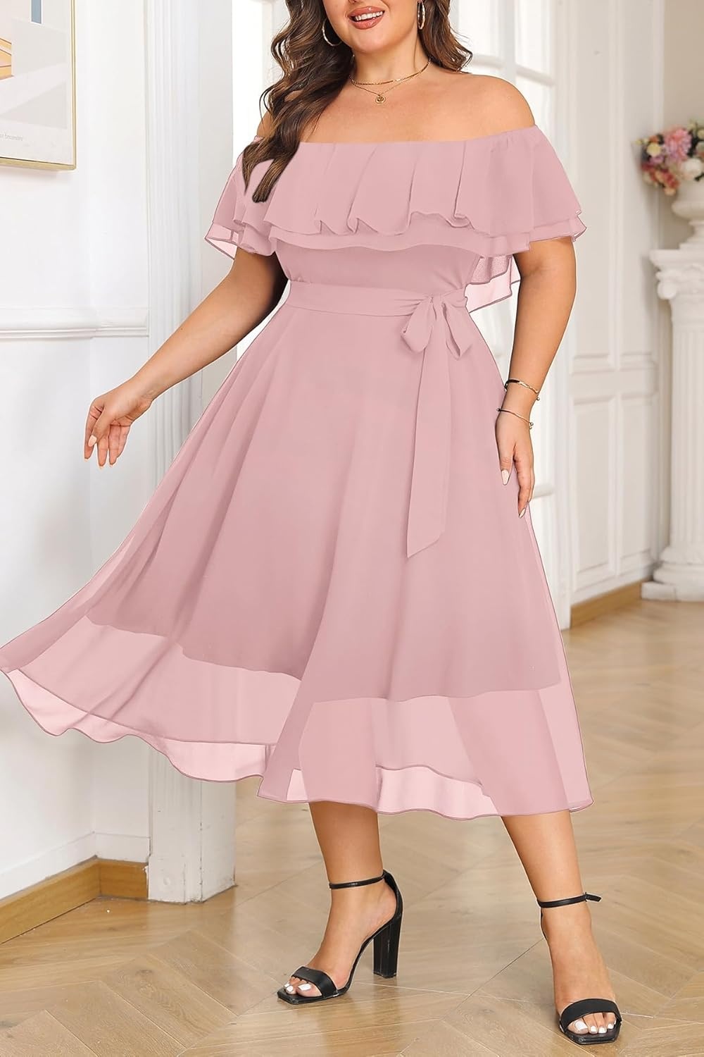 Talisea Plus Size Dresses Wedding Guest – Formal Ruffle Off The Shoulder Cocktail Chiffon A-Line Midi Dress Curvy Women(Pink)