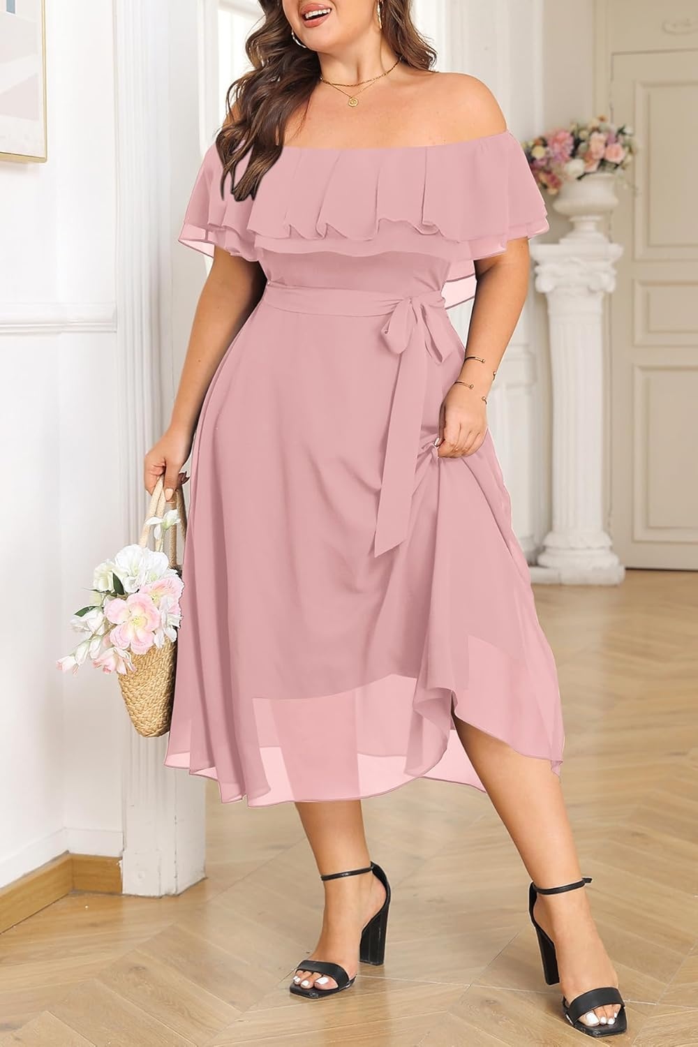 Talisea Plus Size Dresses Wedding Guest – Formal Ruffle Off The Shoulder Cocktail Chiffon A-Line Midi Dress Curvy Women(Pink)