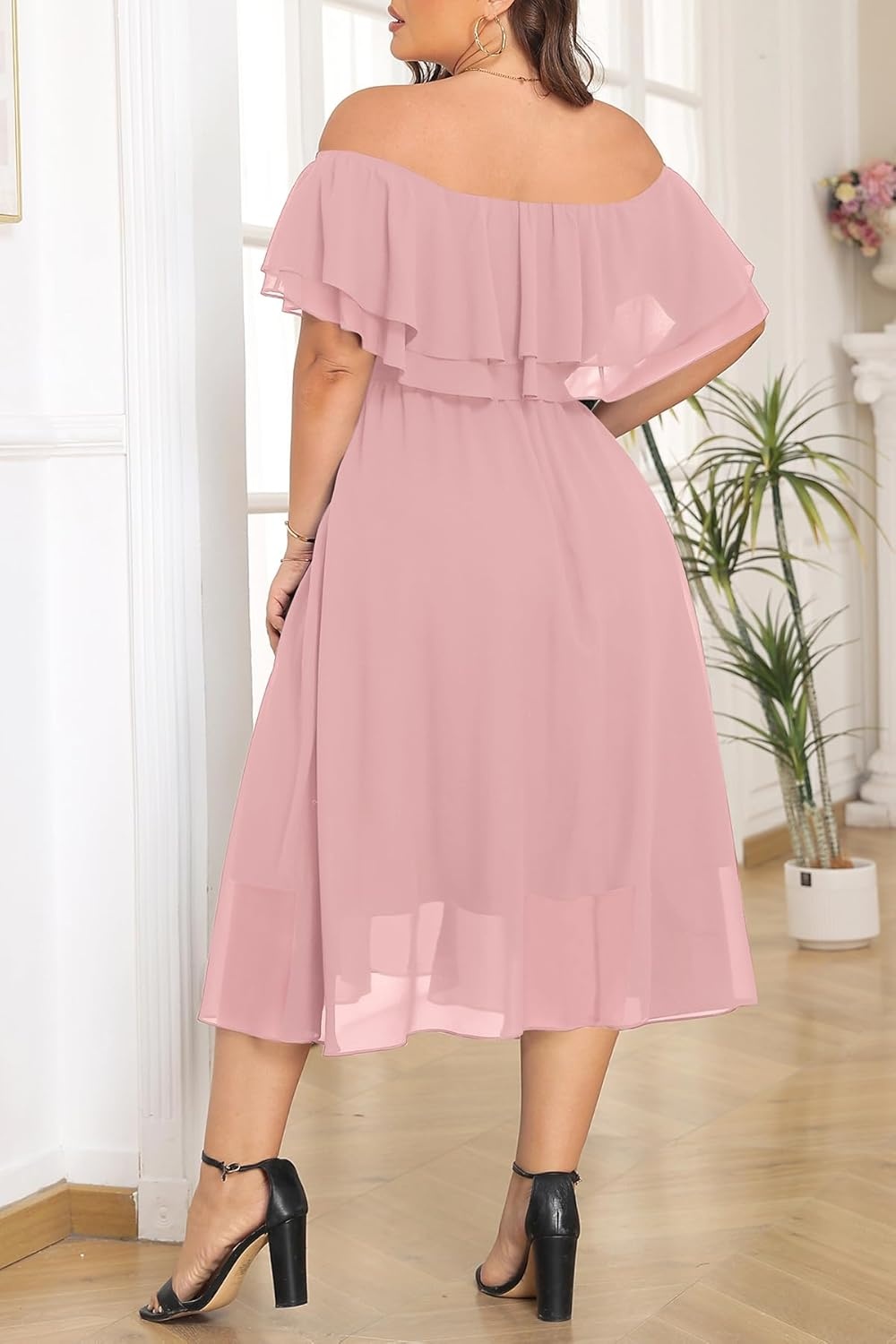 Talisea Plus Size Dresses Wedding Guest – Formal Ruffle Off The Shoulder Cocktail Chiffon A-Line Midi Dress Curvy Women(Pink)