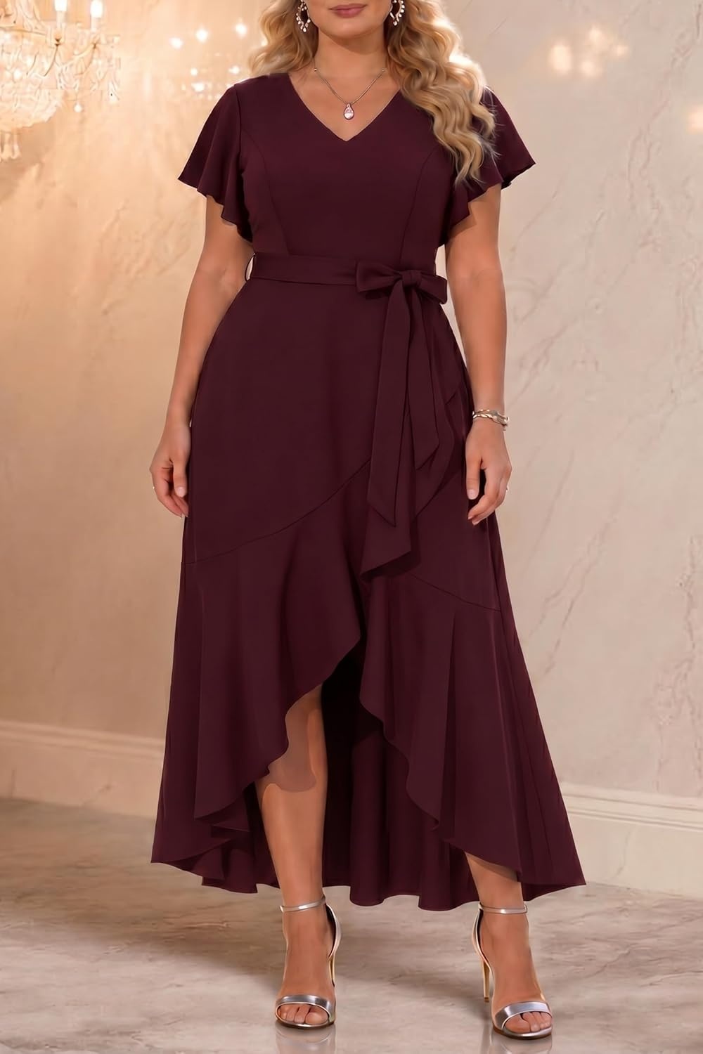 Women Plus Size Wedding Guest Dress – Formal Cocktail Split Ruffle V Neck High Low Party Long Maxi Dresses(Burgundy)
