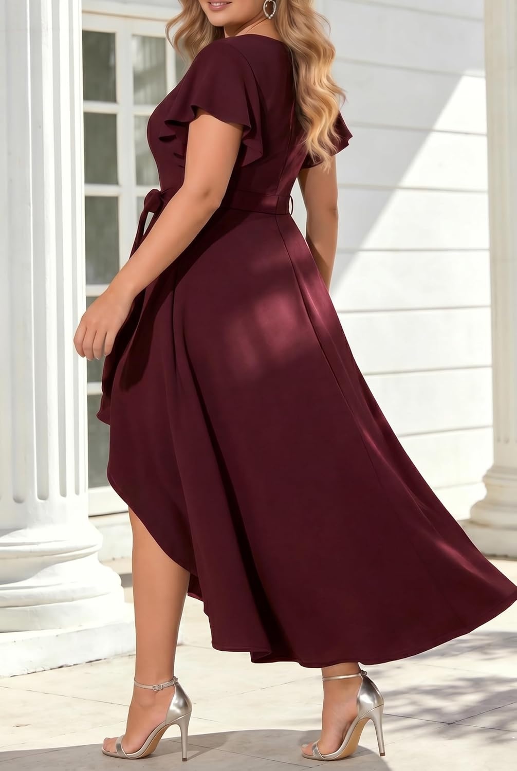 Women Plus Size Wedding Guest Dress – Formal Cocktail Split Ruffle V Neck High Low Party Long Maxi Dresses(Burgundy)