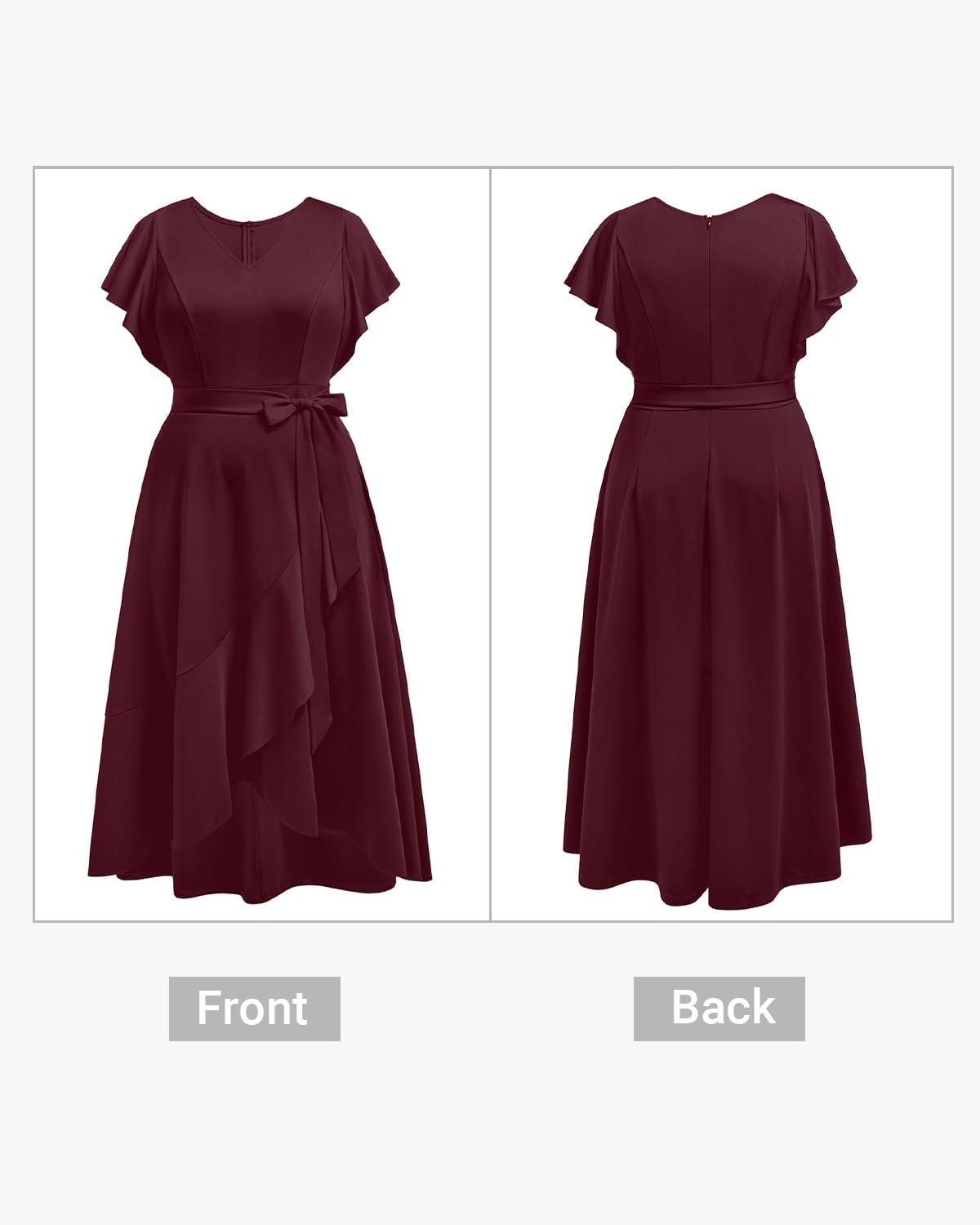 Women Plus Size Wedding Guest Dress – Formal Cocktail Split Ruffle V Neck High Low Party Long Maxi Dresses(Burgundy)