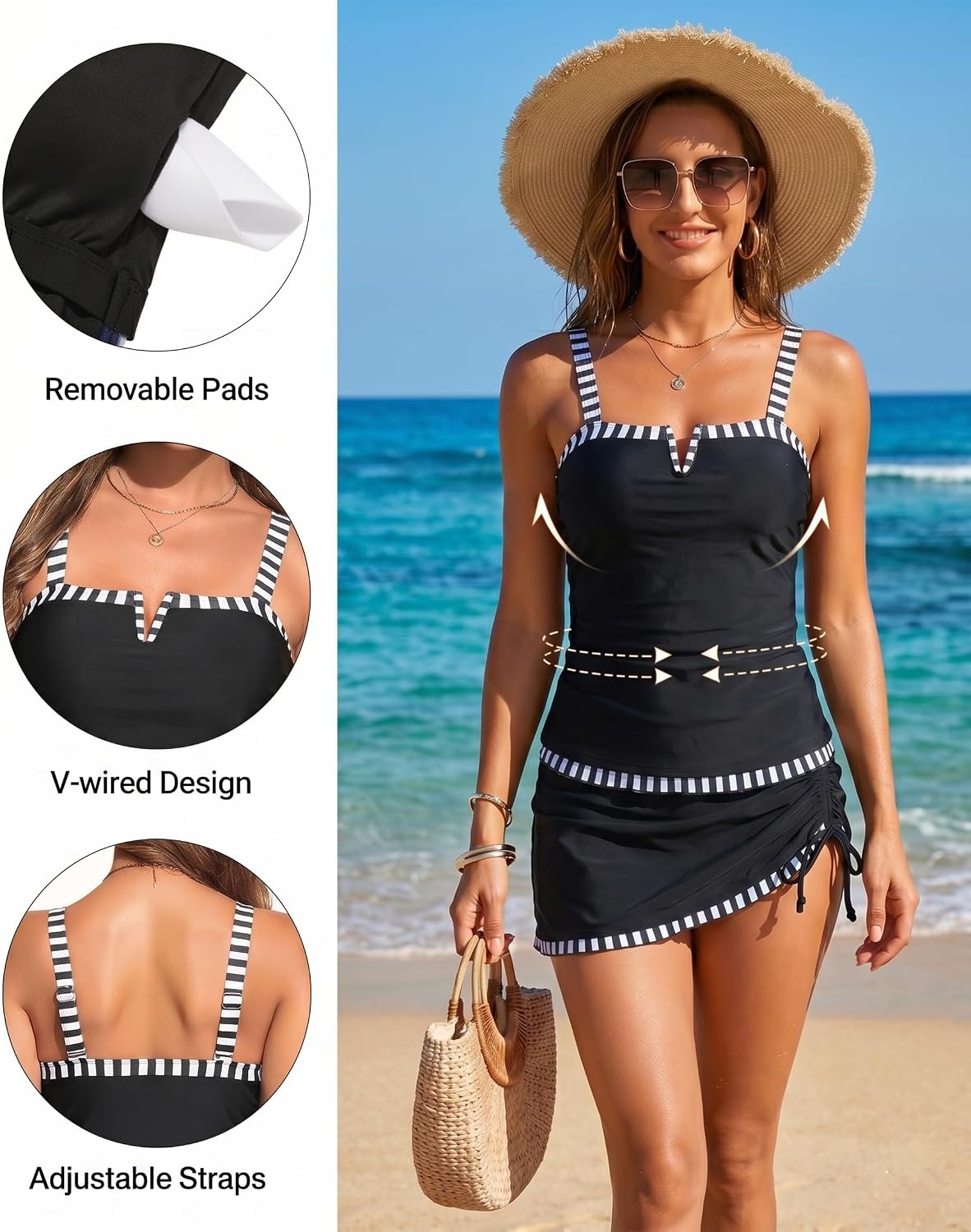Talisea Tankini with Skirt – Tummy Control V-Wire Swimsuit with Drawstring(Black Striped)