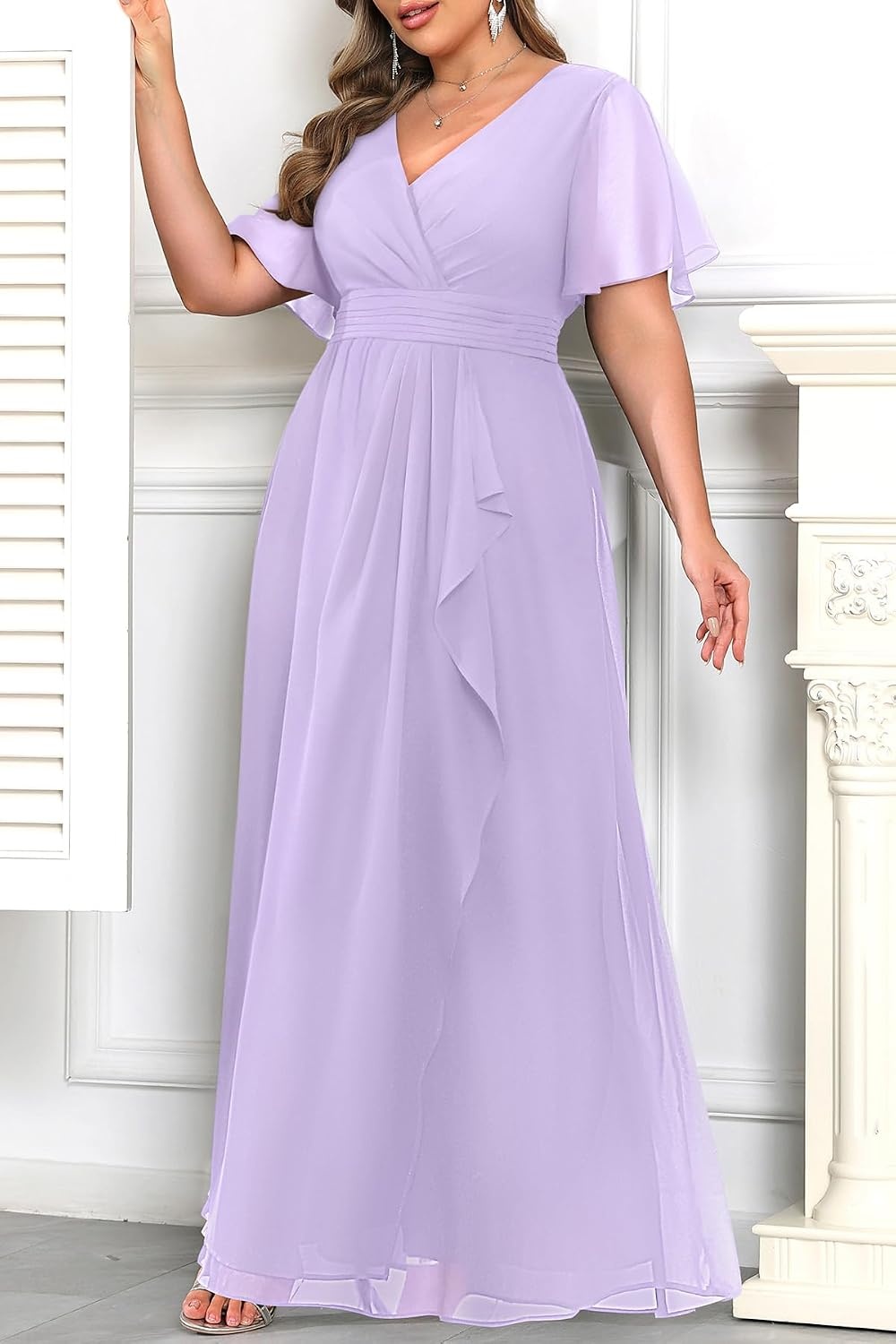 Plus Size Formal Dress Wedding Guest Chiffon V Neck Ruffle Long Dress Women | Women Plus Size Formal Evening Dress Chiffon Wedding Guest Long Dresses Short Sleeves Bridesmaid Dress Elegant Prom Gown(Light Lavender)