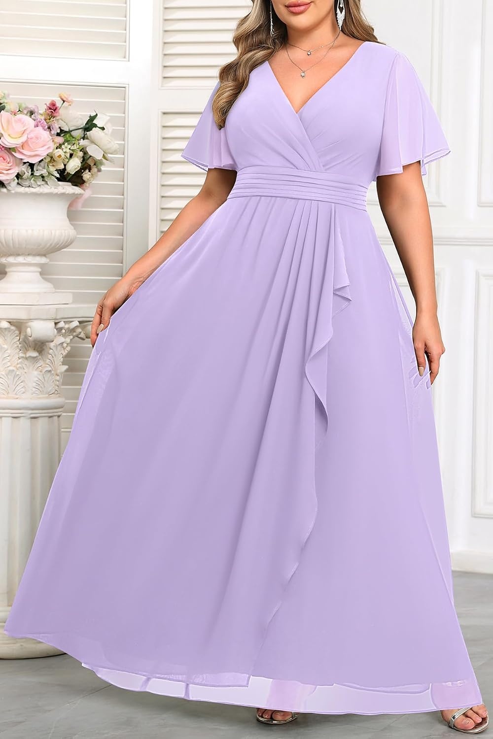 Plus Size Formal Dress Wedding Guest Chiffon V Neck Ruffle Long Dress Women | Women Plus Size Formal Evening Dress Chiffon Wedding Guest Long Dresses Short Sleeves Bridesmaid Dress Elegant Prom Gown(Light Lavender)