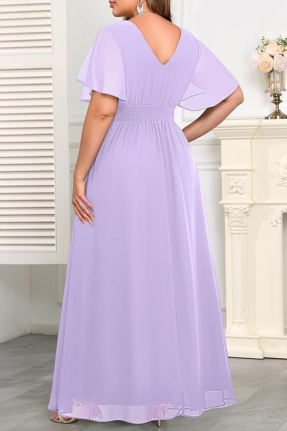Plus Size Formal Dress Wedding Guest Chiffon V Neck Ruffle Long Dress Women | Women Plus Size Formal Evening Dress Chiffon Wedding Guest Long Dresses Short Sleeves Bridesmaid Dress Elegant Prom Gown(Light Lavender)