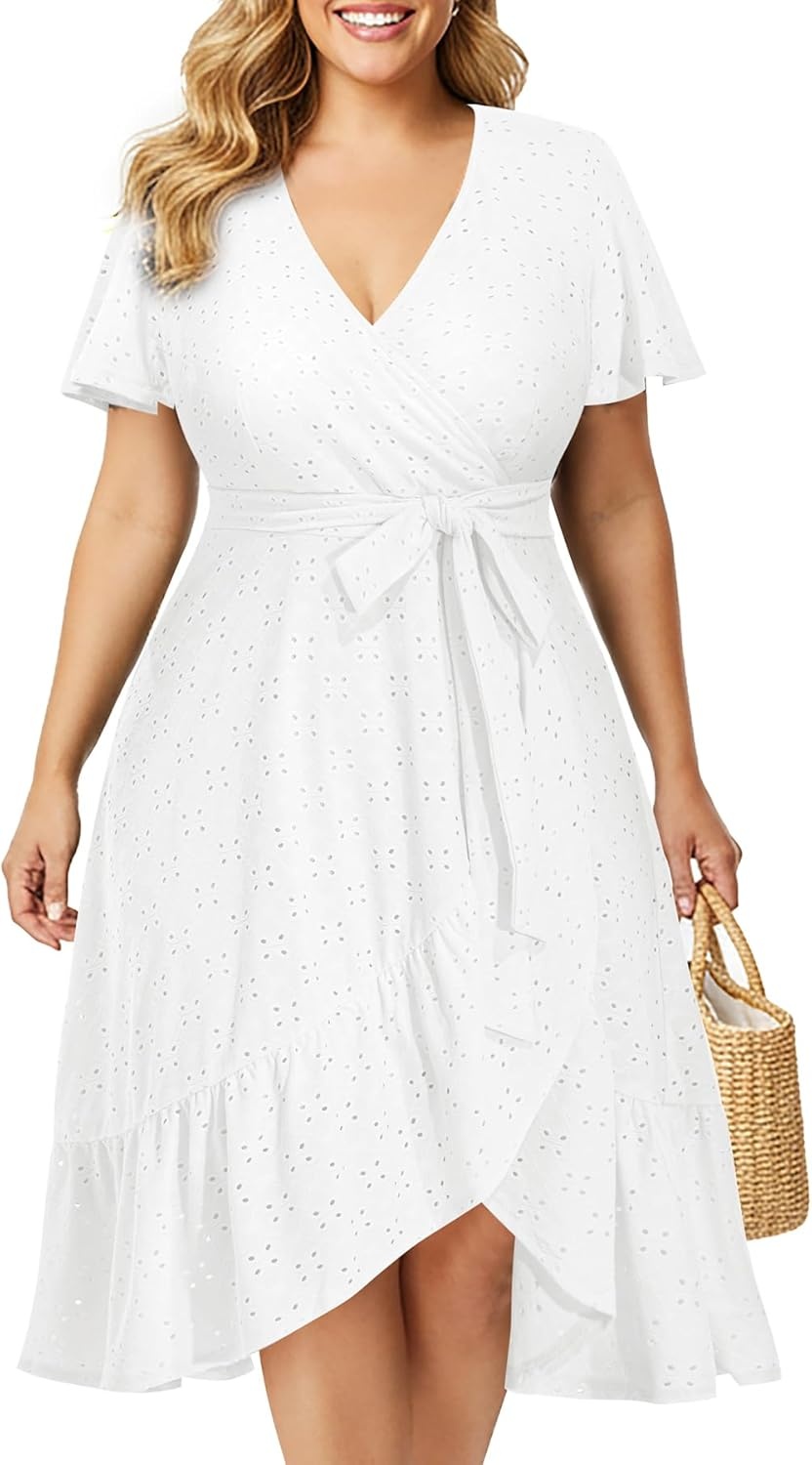 Plus Size Wedding Guest Dress – Summer Semi Formal Midi Eyelet Short Sleeve Wrap V Neck Belted A Line Dresses 2025(White)