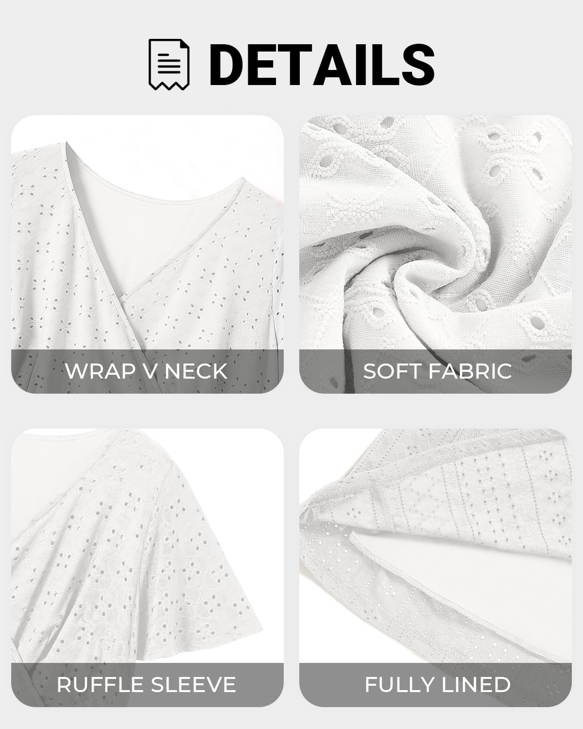 Plus Size Wedding Guest Dress – Summer Semi Formal Midi Eyelet Short Sleeve Wrap V Neck Belted A Line Dresses 2025(White)