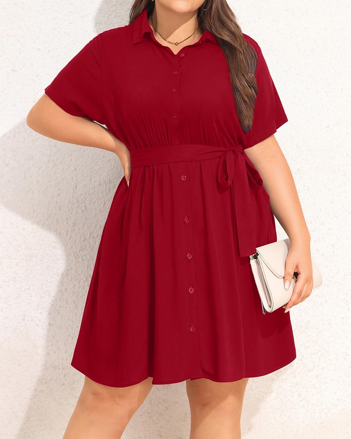 Talisea Plus Size Summer Dress – Work Shirt Dress with Pockets Women(Red)