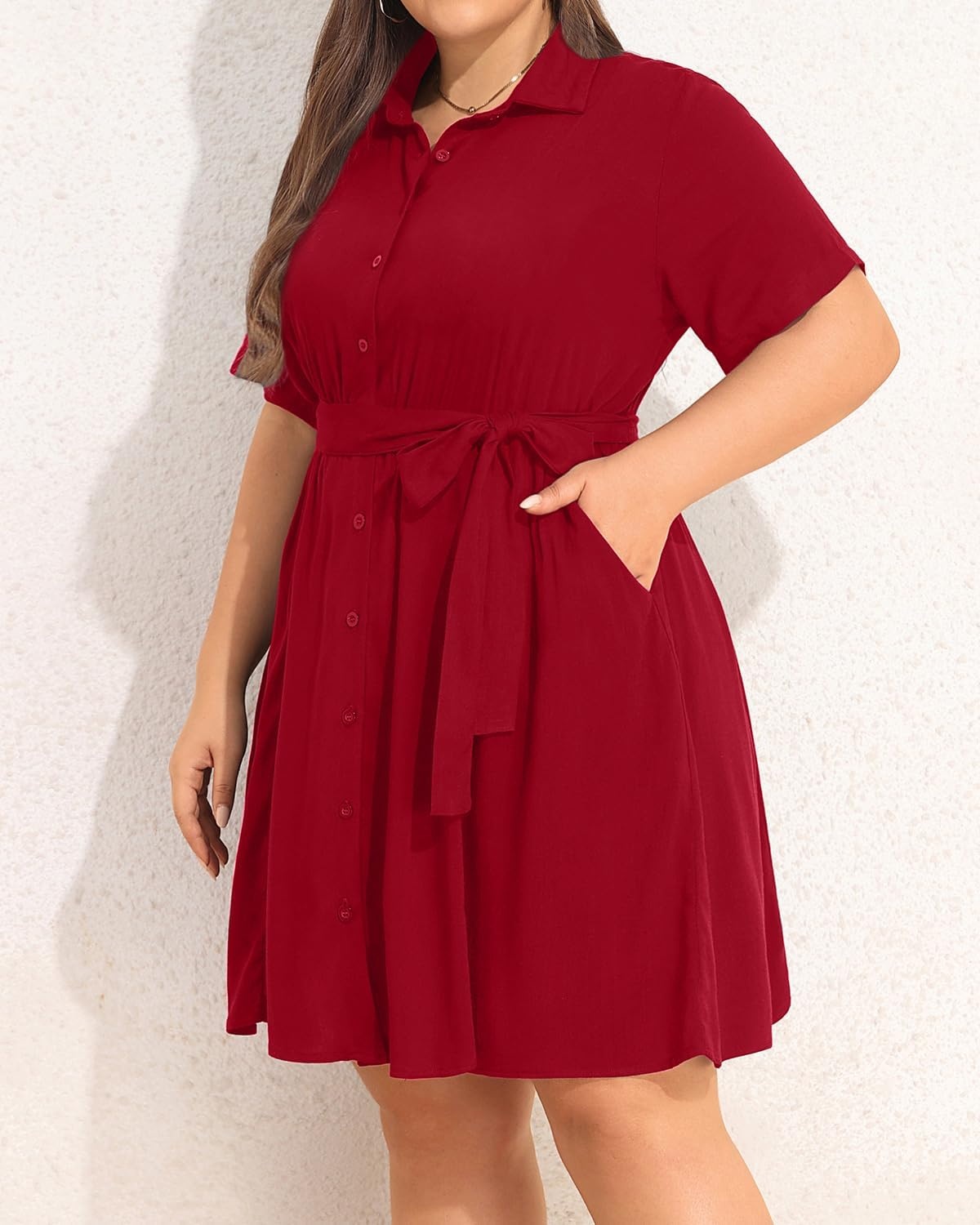 Talisea Plus Size Summer Dress – Work Shirt Dress with Pockets Women(Red)