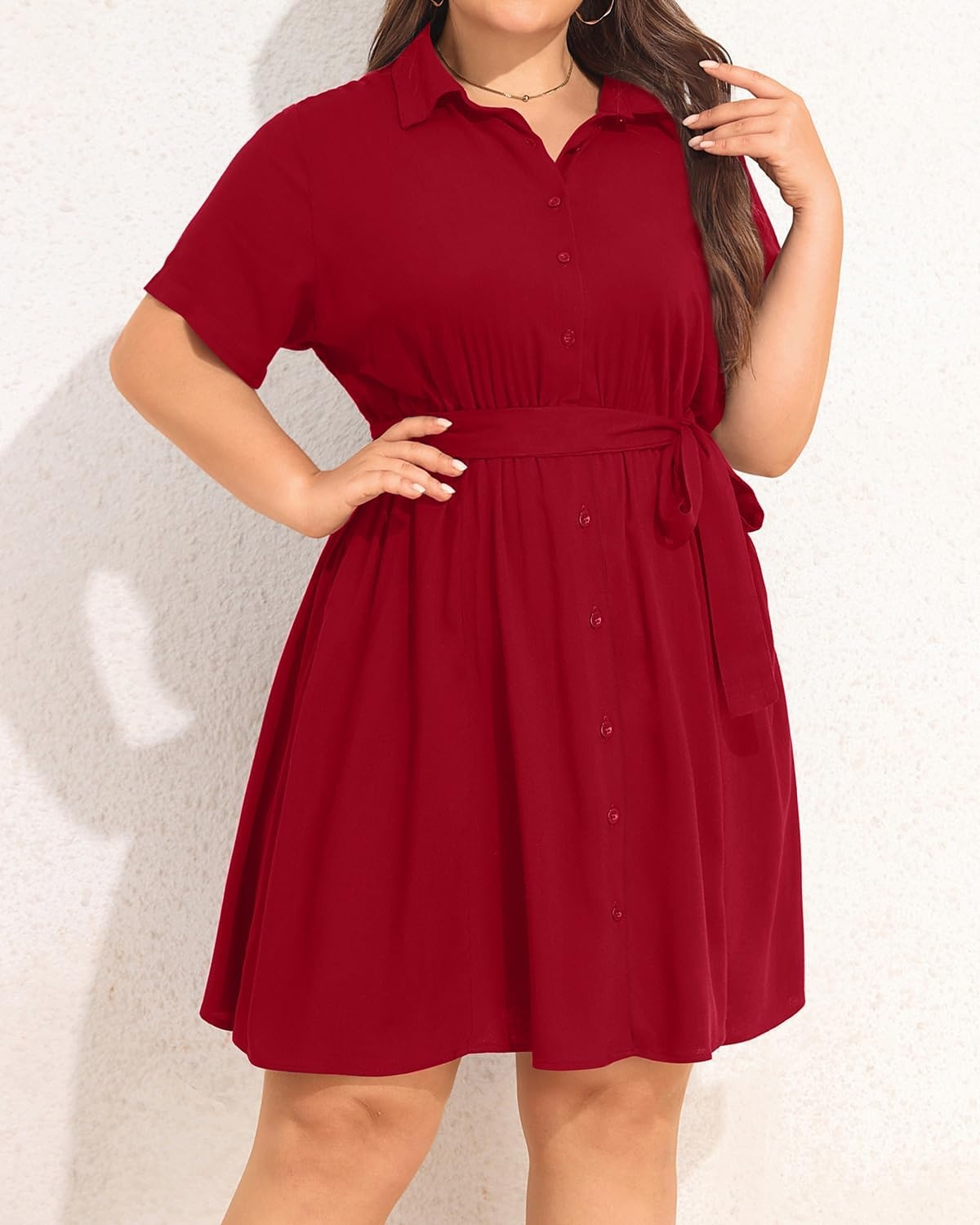 Talisea Plus Size Summer Dress – Work Shirt Dress with Pockets Women(Red)