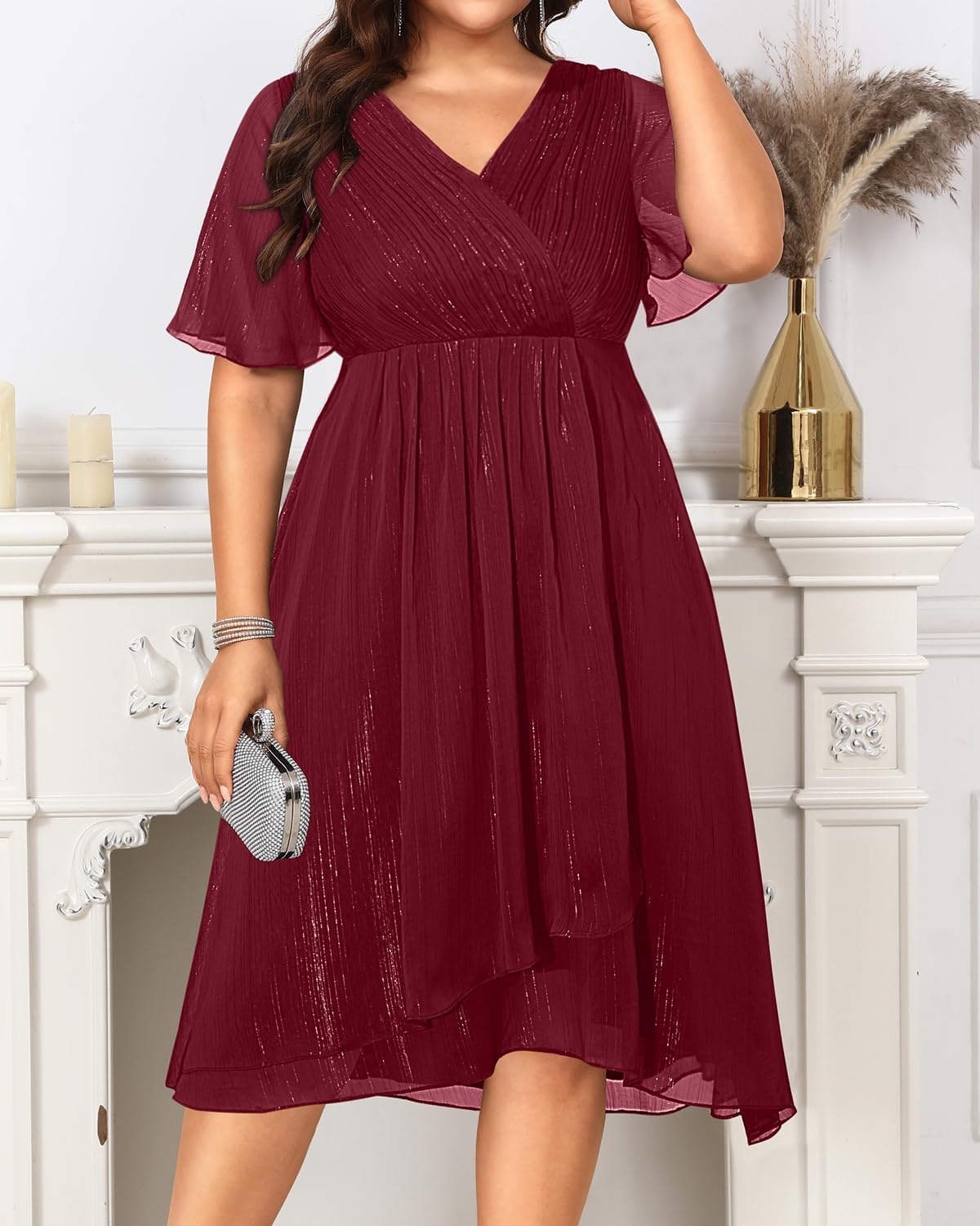 Plus Size Wedding Guest Dress – Formal Long Sleeve A Line V Neck Midi Dress | Formal fall wedding guest dress, cocktail sparkle dress, A-line pleated midi style with long sleeves & V-neck for women.(Burgundy Short Sleeve)