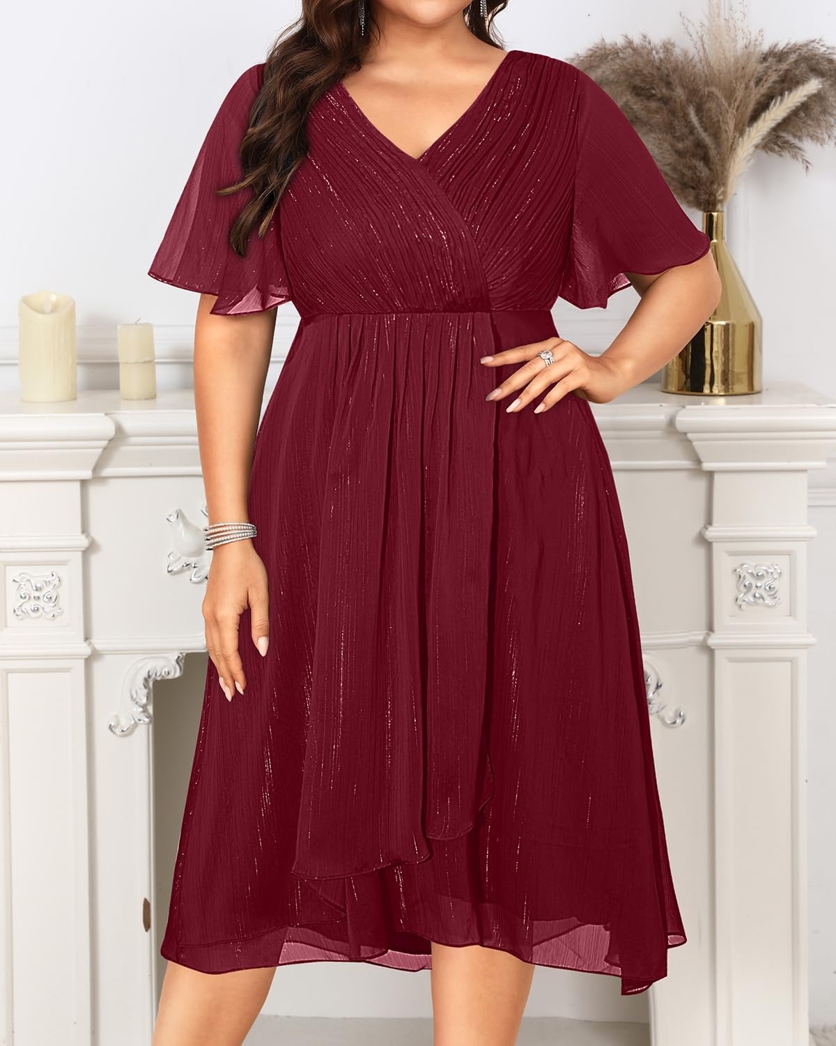 Plus Size Wedding Guest Dress – Formal Long Sleeve A Line V Neck Midi Dress | Formal fall wedding guest dress, cocktail sparkle dress, A-line pleated midi style with long sleeves & V-neck for women.(Burgundy Short Sleeve)