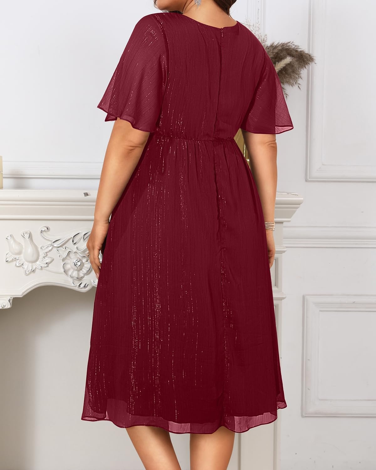 Plus Size Wedding Guest Dress – Formal Long Sleeve A Line V Neck Midi Dress | Formal fall wedding guest dress, cocktail sparkle dress, A-line pleated midi style with long sleeves & V-neck for women.(Burgundy Short Sleeve)