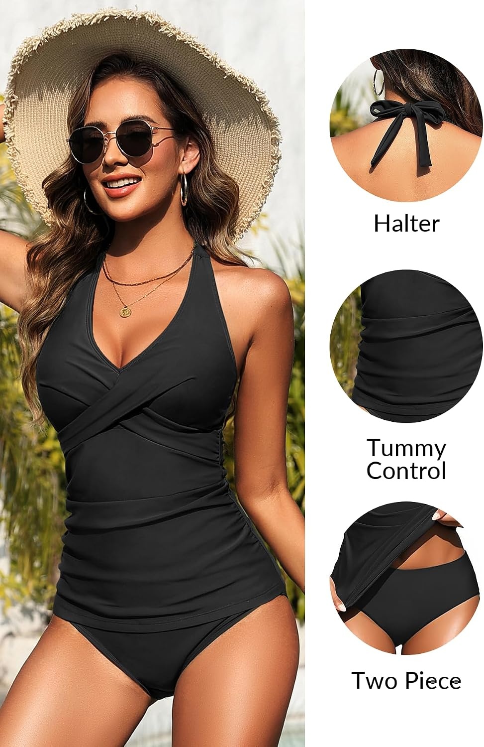 Womens Halter Tankini Swimsuit – Tummy Control Bathing Suit Two Piece Swimsuit V Neck Swimwear 2025(Black)