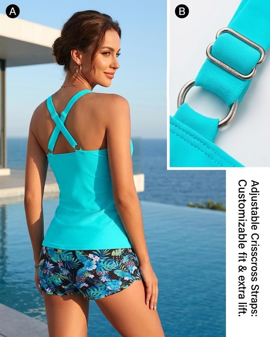 Talisea Womens Tankini Bathing Suits with Skirt Two Piece Tummy Control Swimsuits Ladies Swimwear(Blue Leaves With Shorts)