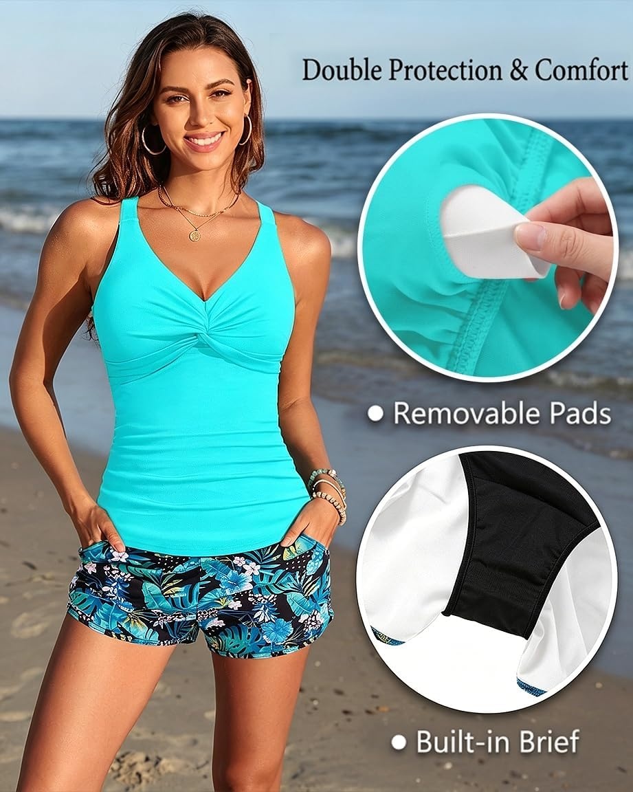 Talisea Womens Tankini Bathing Suits with Skirt Two Piece Tummy Control Swimsuits Ladies Swimwear(Blue Leaves With Shorts)