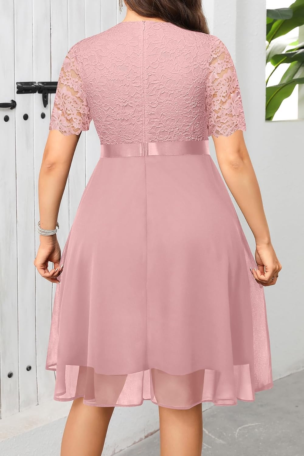 Talisea Plus Size Wedding Guest Lace Chiffon Ruffle Tea Length Dress | Delicate lace bodice / ruffle chiffon skirt / elegant V neck / tea length / light flowy movement(Dusty Rose)