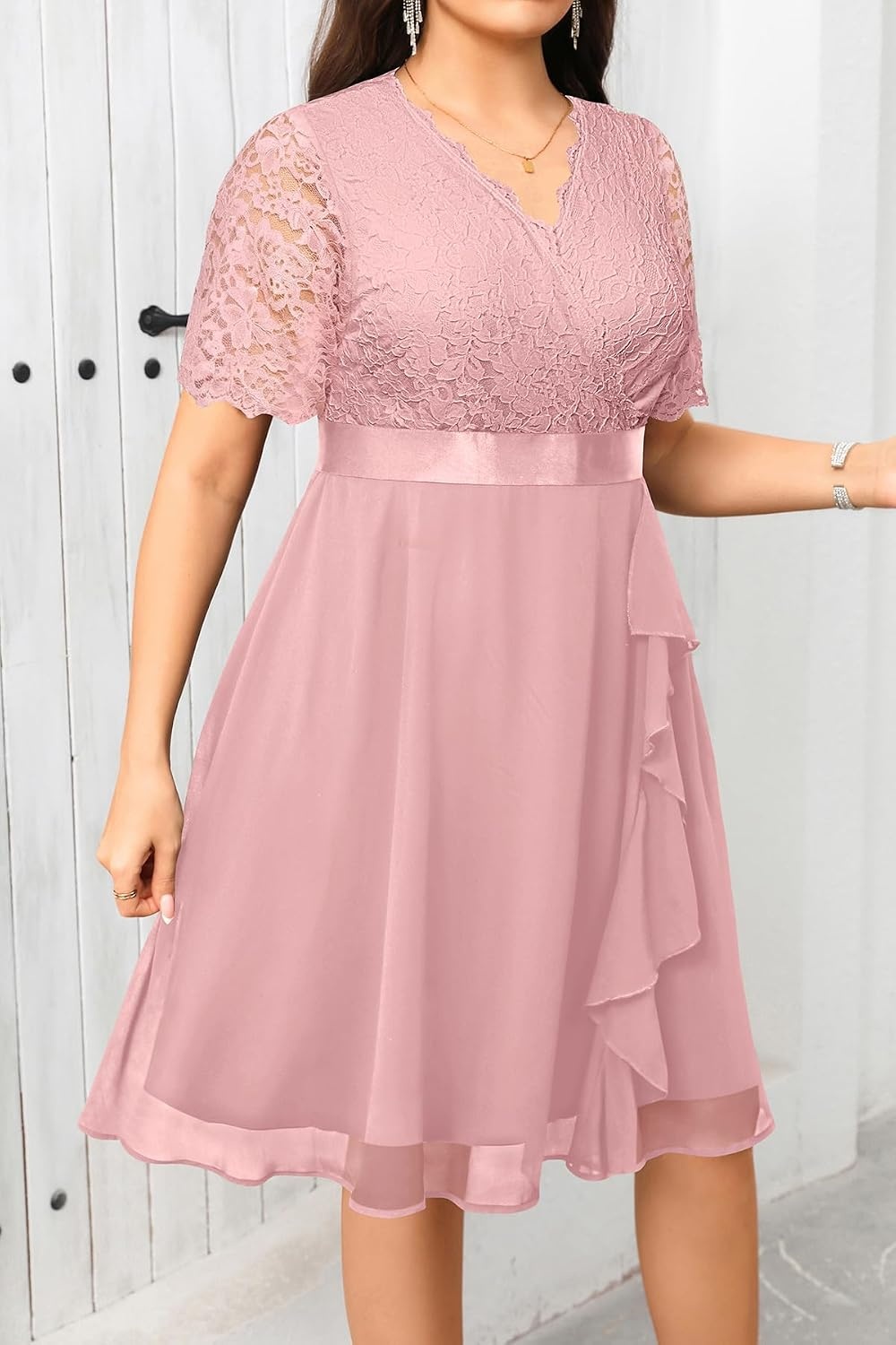 Talisea Plus Size Wedding Guest Lace Chiffon Ruffle Tea Length Dress | Delicate lace bodice / ruffle chiffon skirt / elegant V neck / tea length / light flowy movement(Dusty Rose)