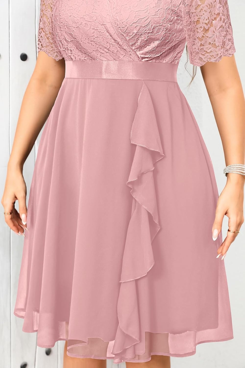 Talisea Plus Size Wedding Guest Lace Chiffon Ruffle Tea Length Dress | Delicate lace bodice / ruffle chiffon skirt / elegant V neck / tea length / light flowy movement(Dusty Rose)