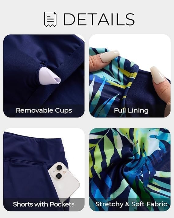 Tankini Swimsuits with Shorts – Tummy Control Bathing Suits with Pockets(Green Leaves)