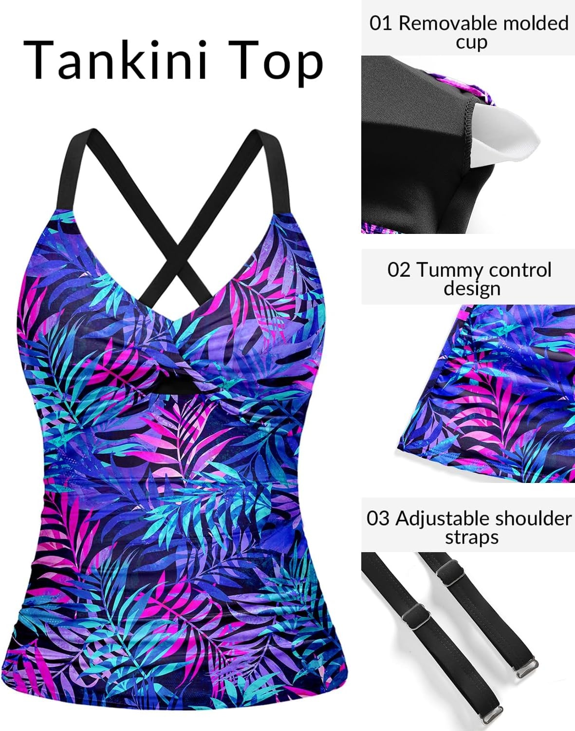 Women Tankini Swimsuit Tops Only – Tummy Control Bathing Suit Top 2025 Modest V Neck Twist Front Cutout Swim Top No Bottom(Blue Purple Leaves)