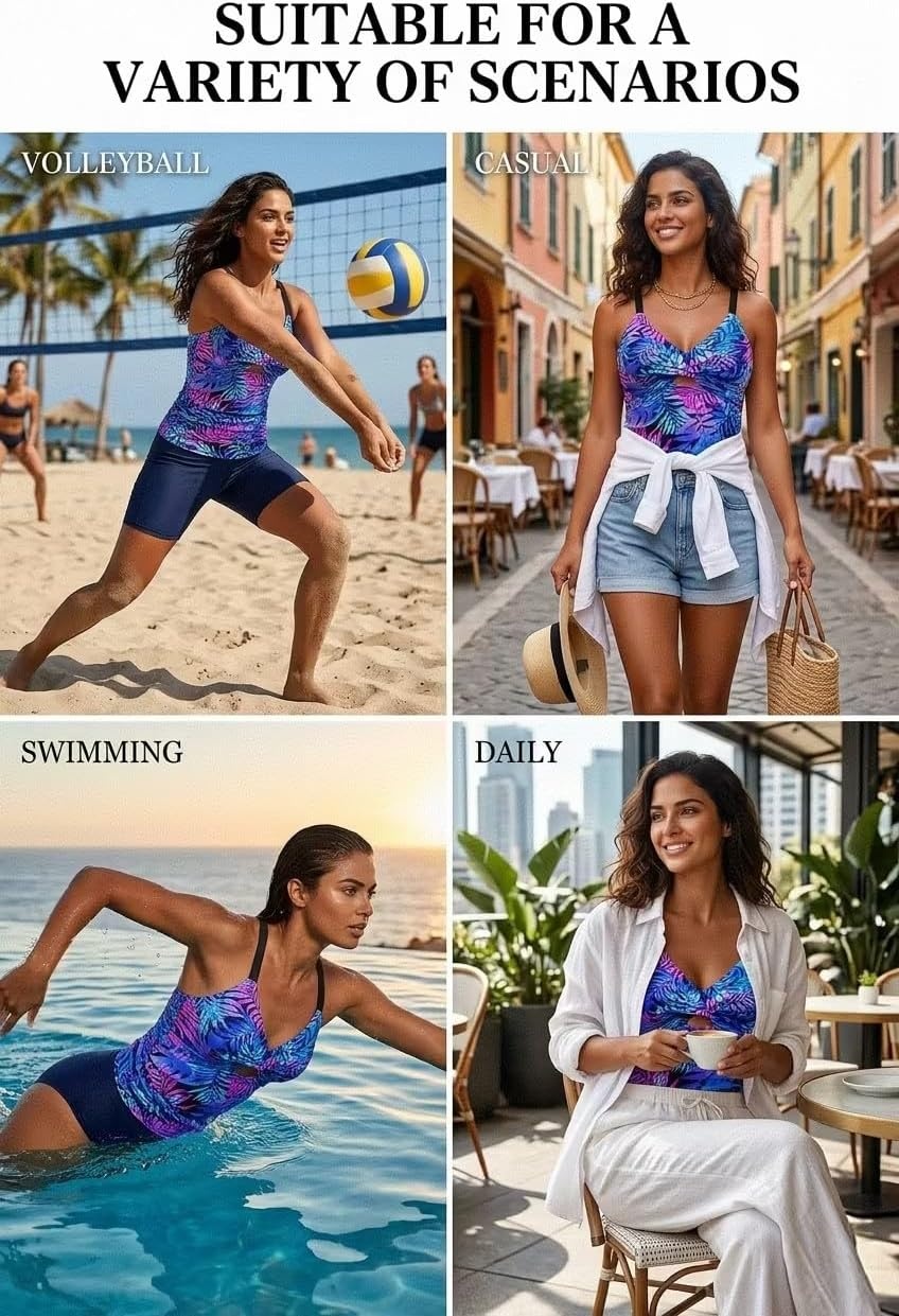 Women Tankini Swimsuit Tops Only – Tummy Control Bathing Suit Top 2025 Modest V Neck Twist Front Cutout Swim Top No Bottom(Blue Purple Leaves)