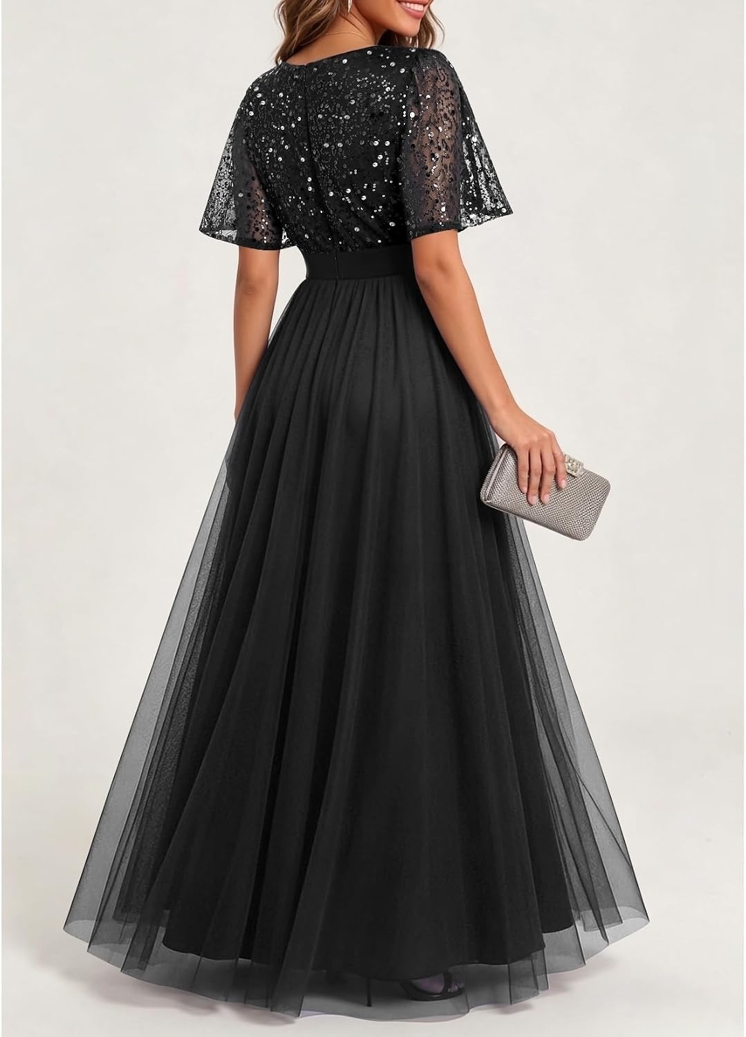 Formal Dresses Sequin Tulle V Neck A Line Long Dress Prom Evening Gown | Women Formal Long Dresses Sequin Short Sleeve Prom Evening Ball Gown Elegant Mother of the Bride A Line Dress(Black)