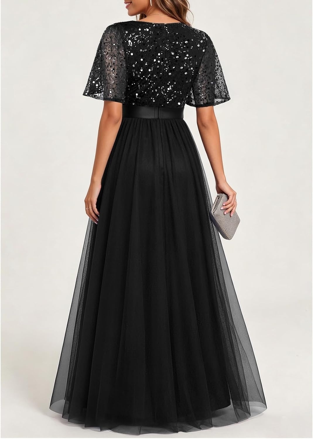 Formal Dresses Sequin Tulle V Neck A Line Long Dress Prom Evening Gown | Women Formal Long Dresses Sequin Short Sleeve Prom Evening Ball Gown Elegant Mother of the Bride A Line Dress(Black)