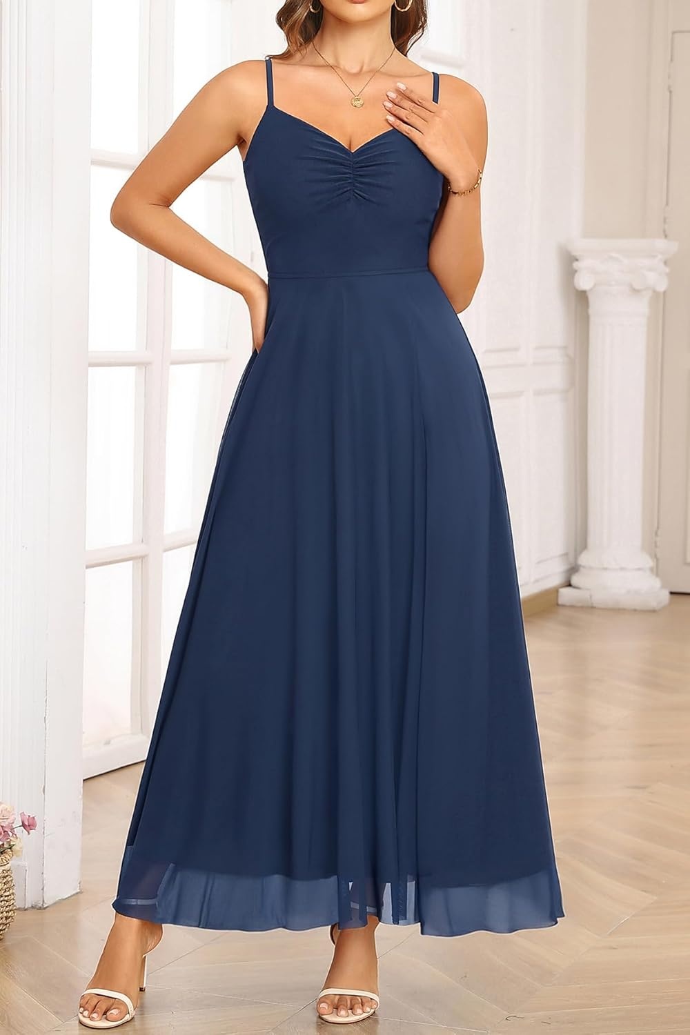 Talisea Summer Wedding Guest Dress Spaghetti Strap Formal Spring Cocktail Party Elegant A Line Long Maxi Dresses Slit Women(Navy Blue)