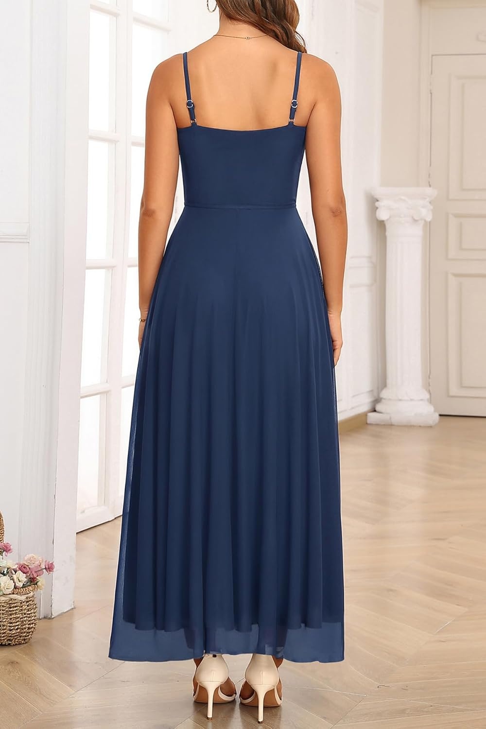 Talisea Summer Wedding Guest Dress Spaghetti Strap Formal Spring Cocktail Party Elegant A Line Long Maxi Dresses Slit Women(Navy Blue)