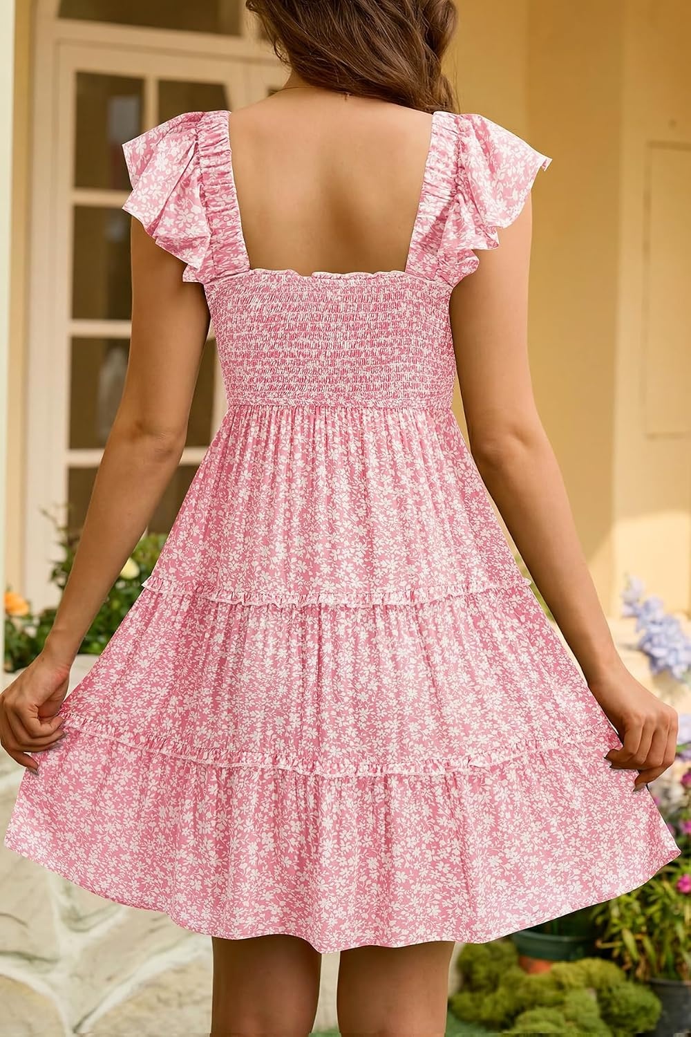 Talisea Women’s Smocked Summer Dress – Ruffle Strap Square Neck Tiered Casual Flowy A-Line Graduation Teen Beach Sundress(Pink Floral)