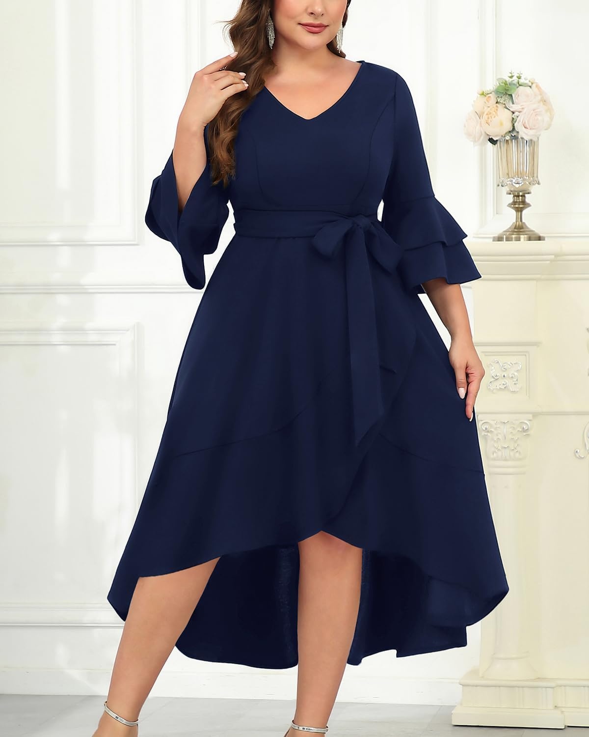 Plus Size Wedding Guest Dress – Semi Formal Double Bell Sleeve V Neck High Low Split Ruffle Cocktail Dresses with Belt(Navy Blue)