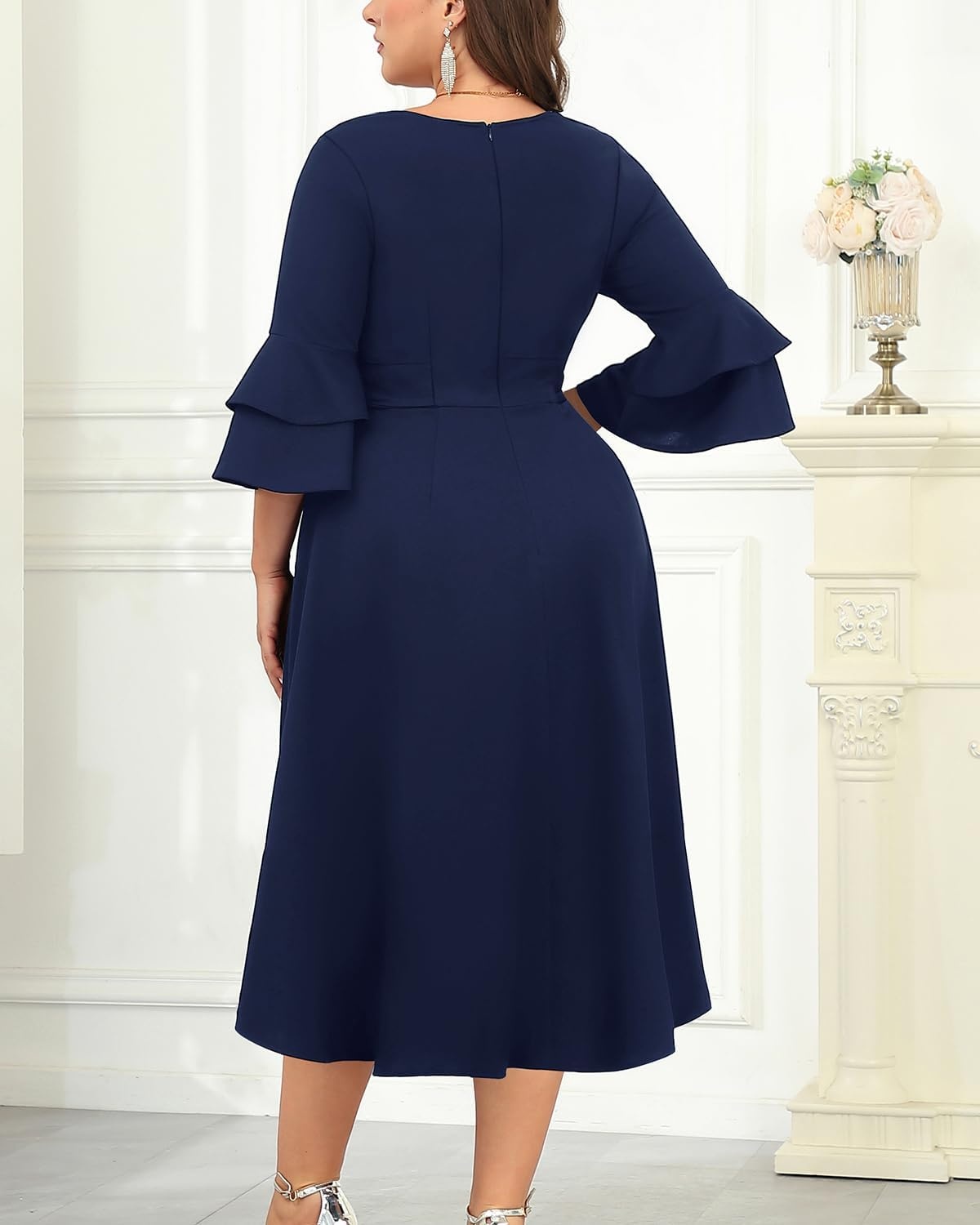 Plus Size Wedding Guest Dress – Semi Formal Double Bell Sleeve V Neck High Low Split Ruffle Cocktail Dresses with Belt(Navy Blue)