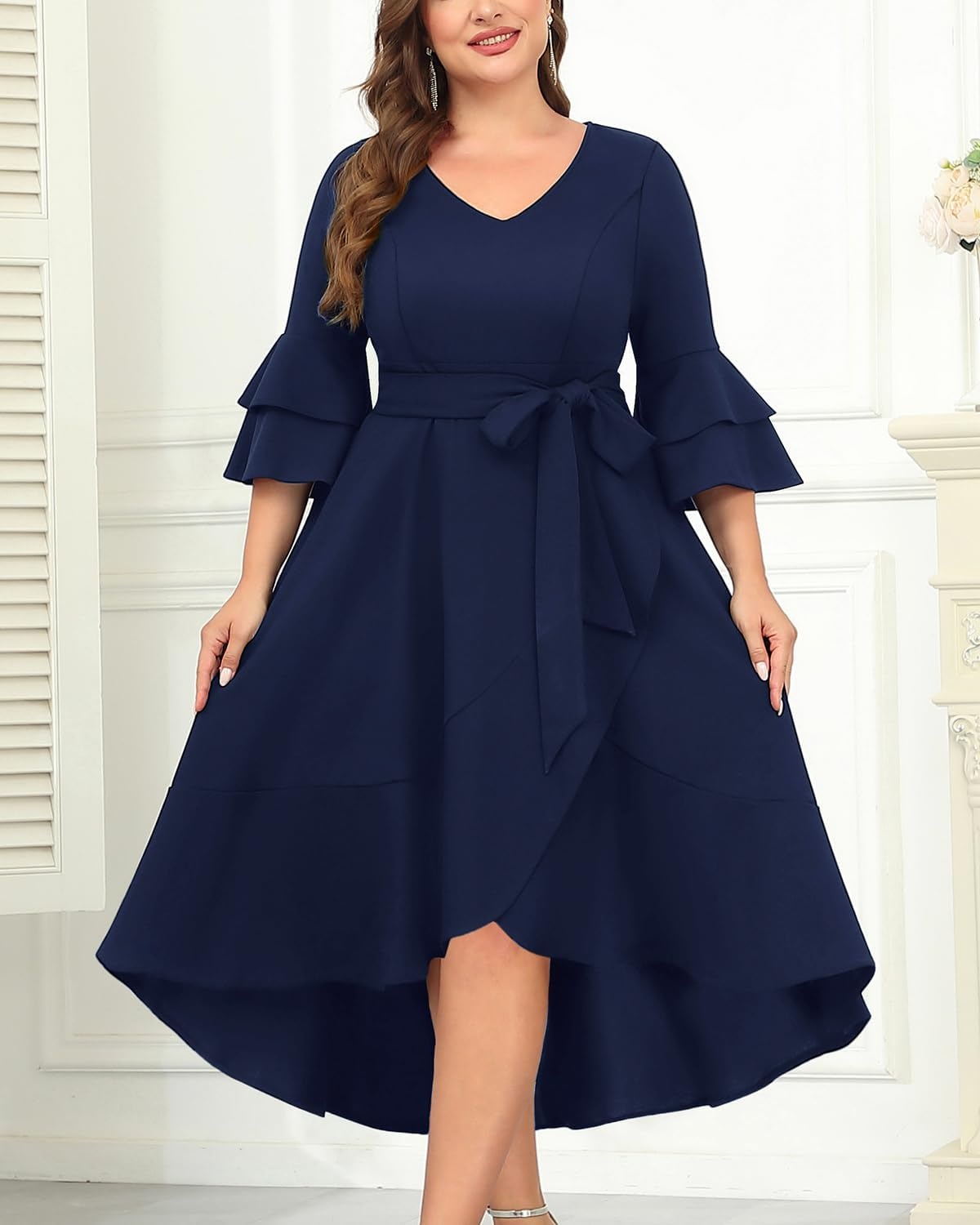 Plus Size Wedding Guest Dress – Semi Formal Double Bell Sleeve V Neck High Low Split Ruffle Cocktail Dresses with Belt(Navy Blue)