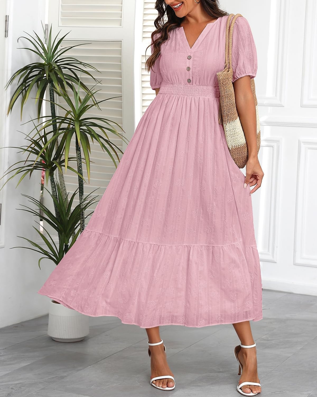 Talisea Womens Summer Maxi Dress – Puff Sleeve V Neck Smocked Tiered Boho Casual A-Line Wedding Guest Long Dress with Pockets(Pink (Printed))