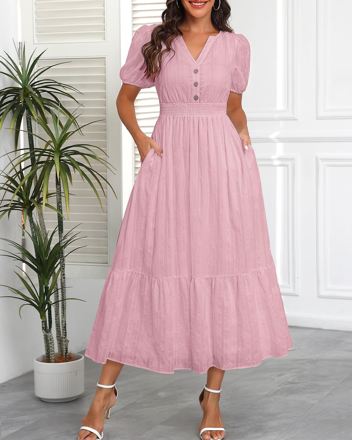 Talisea Womens Summer Maxi Dress – Puff Sleeve V Neck Smocked Tiered Boho Casual A-Line Wedding Guest Long Dress with Pockets(Pink (Printed))