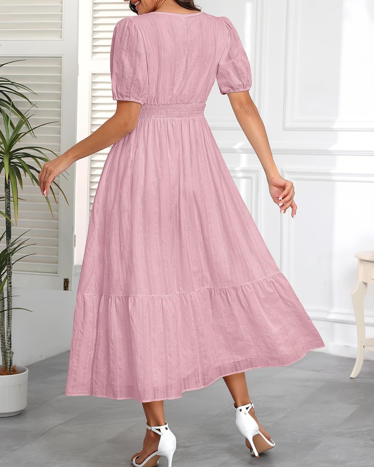 Talisea Womens Summer Maxi Dress – Puff Sleeve V Neck Smocked Tiered Boho Casual A-Line Wedding Guest Long Dress with Pockets(Pink (Printed))