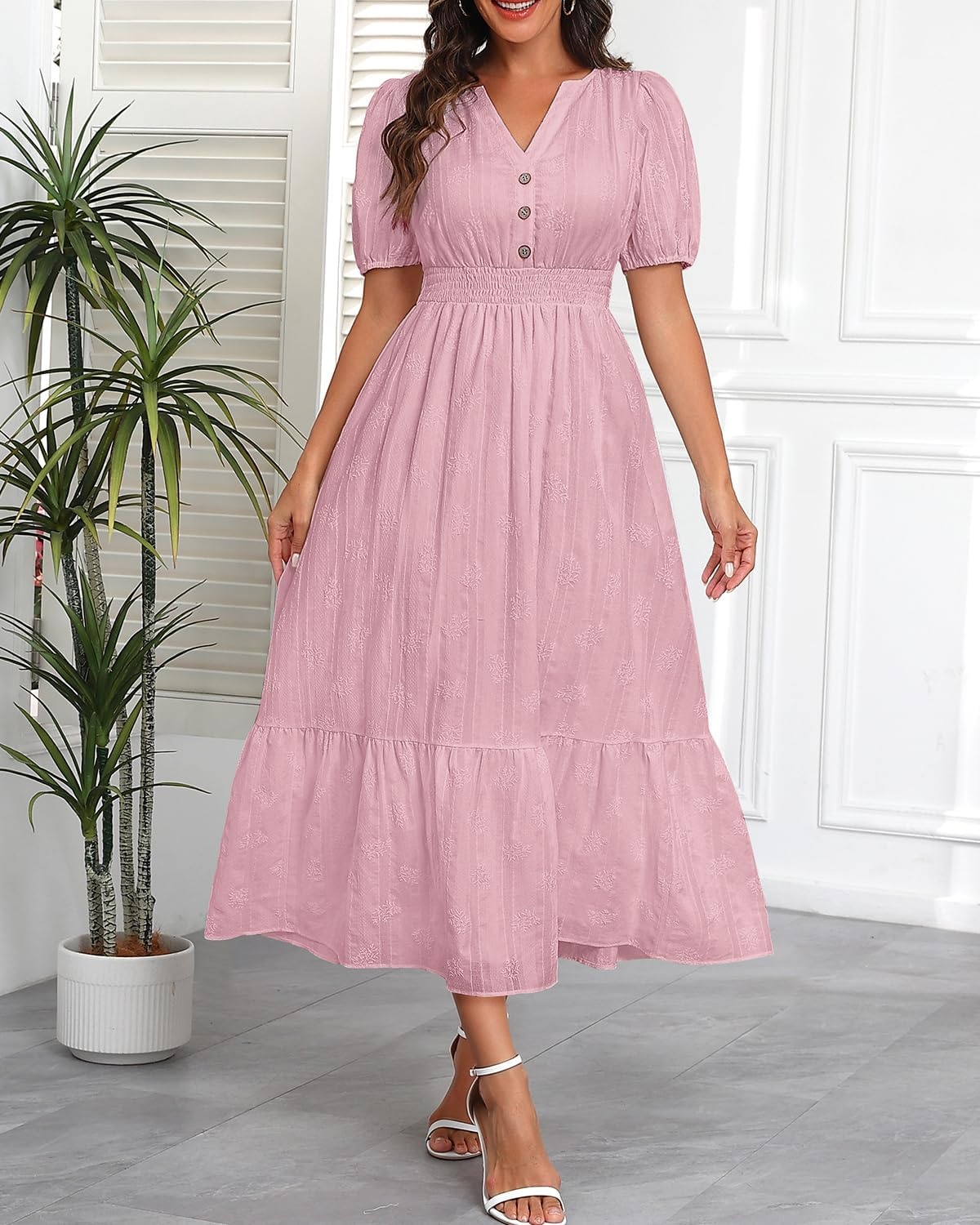 Talisea Womens Summer Maxi Dress – Puff Sleeve V Neck Smocked Tiered Boho Casual A-Line Wedding Guest Long Dress with Pockets(Pink (Printed))