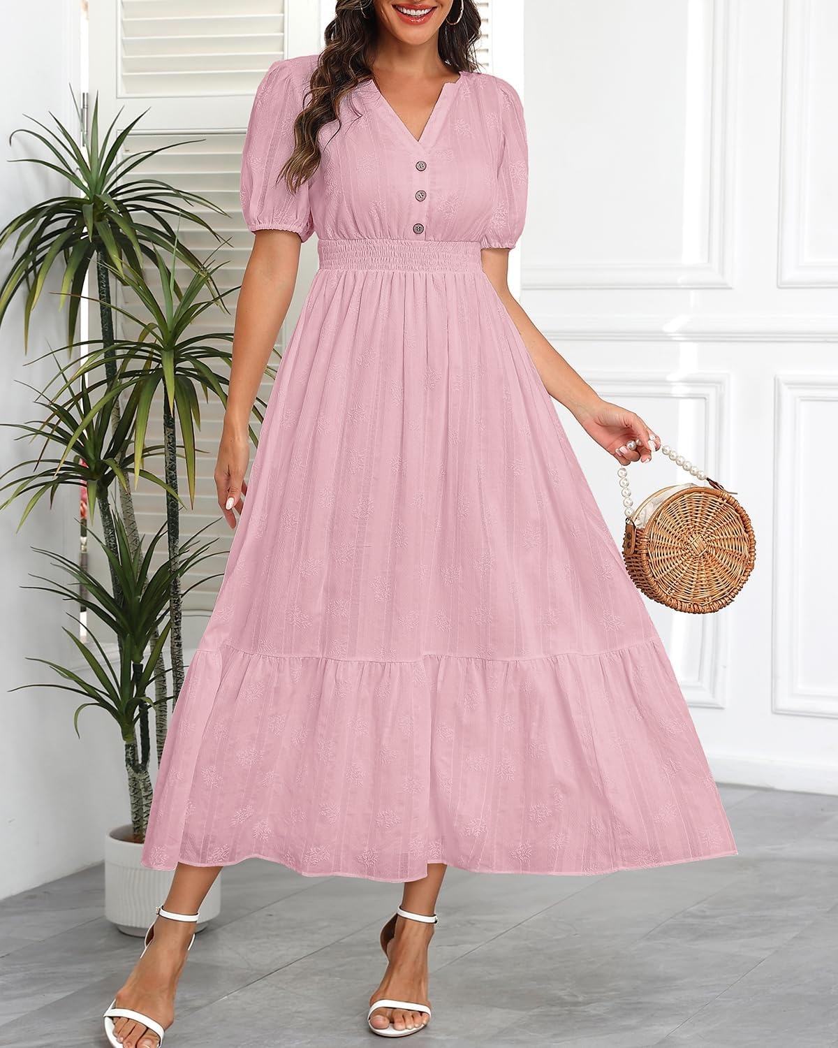Talisea Womens Summer Maxi Dress – Puff Sleeve V Neck Smocked Tiered Boho Casual A-Line Wedding Guest Long Dress with Pockets(Pink (Printed))