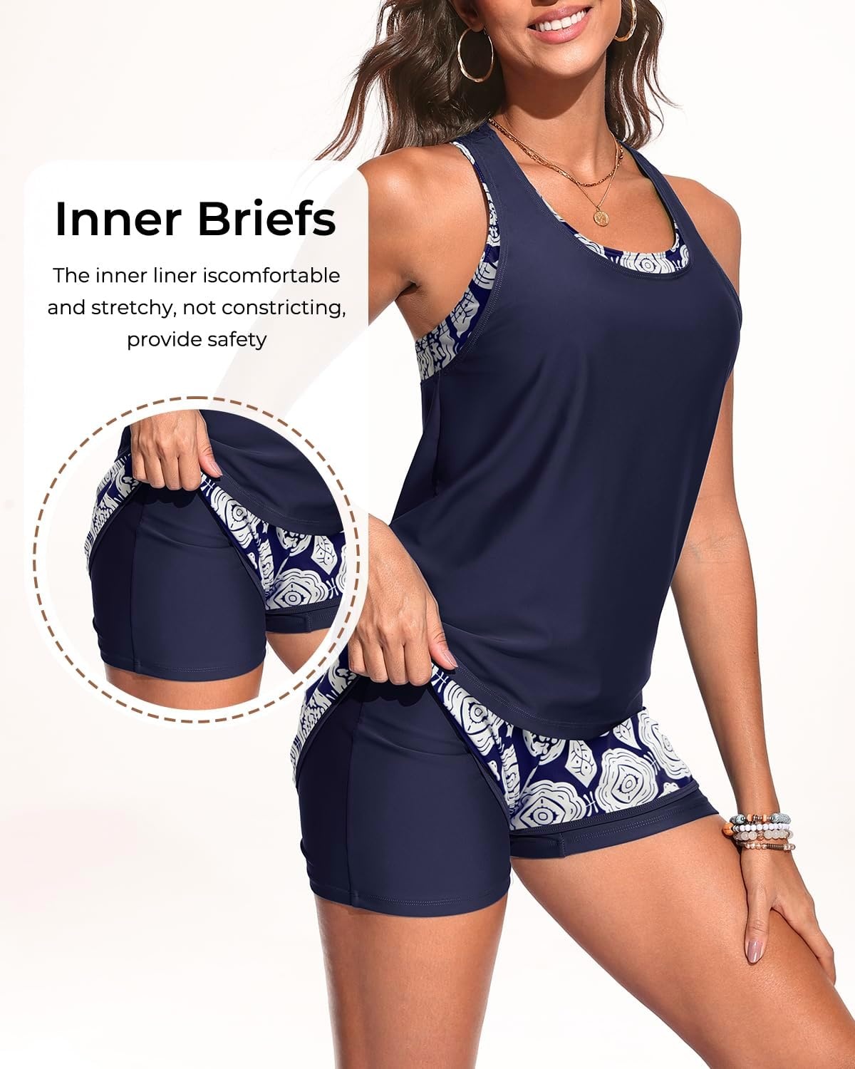 Talisea 3 Piece Tankini Swimsuits Women – Athletic Swim Tank Top with Bra and Boyshorts Bathing Suits Modest Swimwear 2026(Navy Geometry)