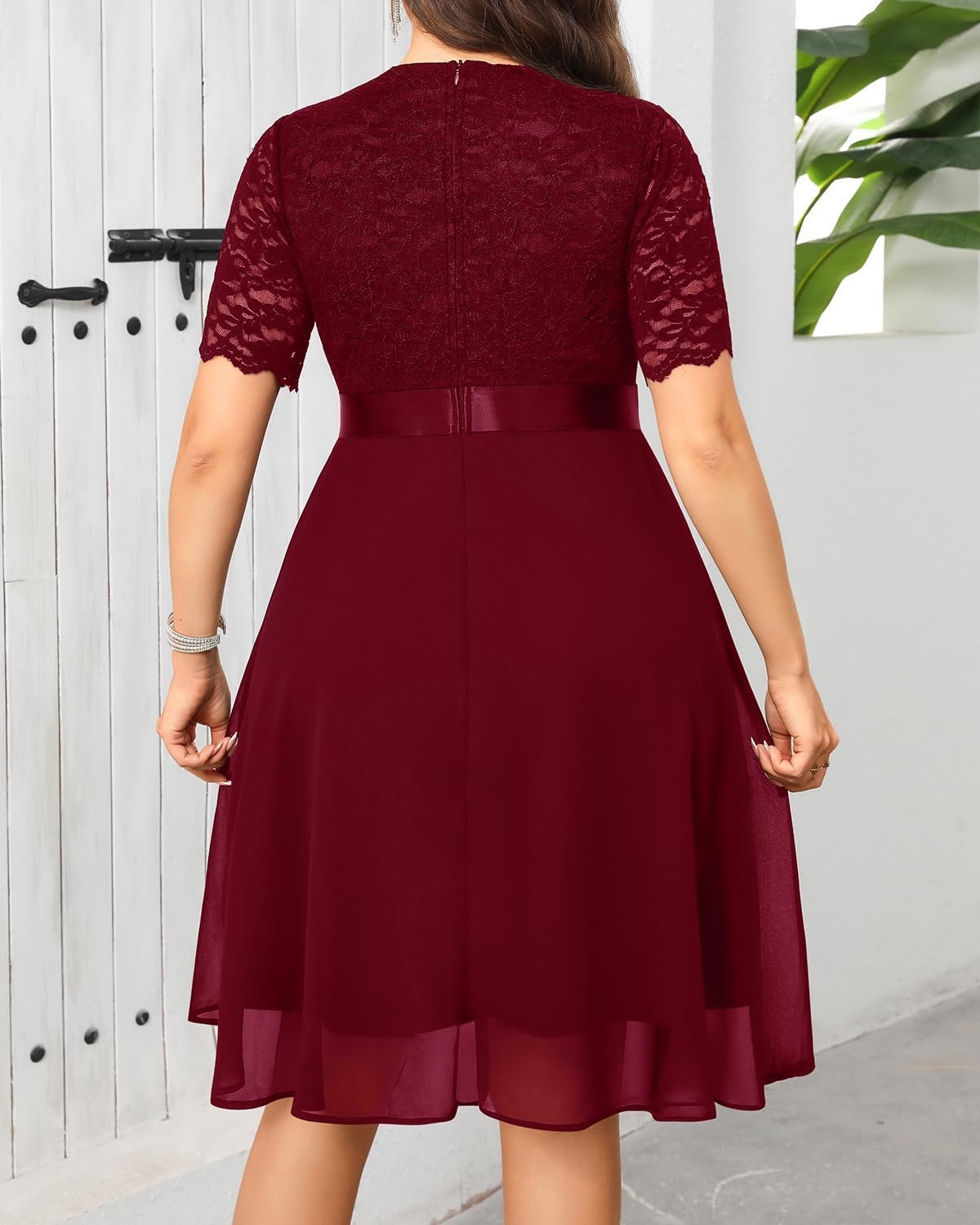 Talisea Plus Size Wedding Guest Lace Chiffon Ruffle Tea Length Dress | Delicate lace bodice / ruffle chiffon skirt / elegant V neck / tea length / light flowy movement(Burgundy)