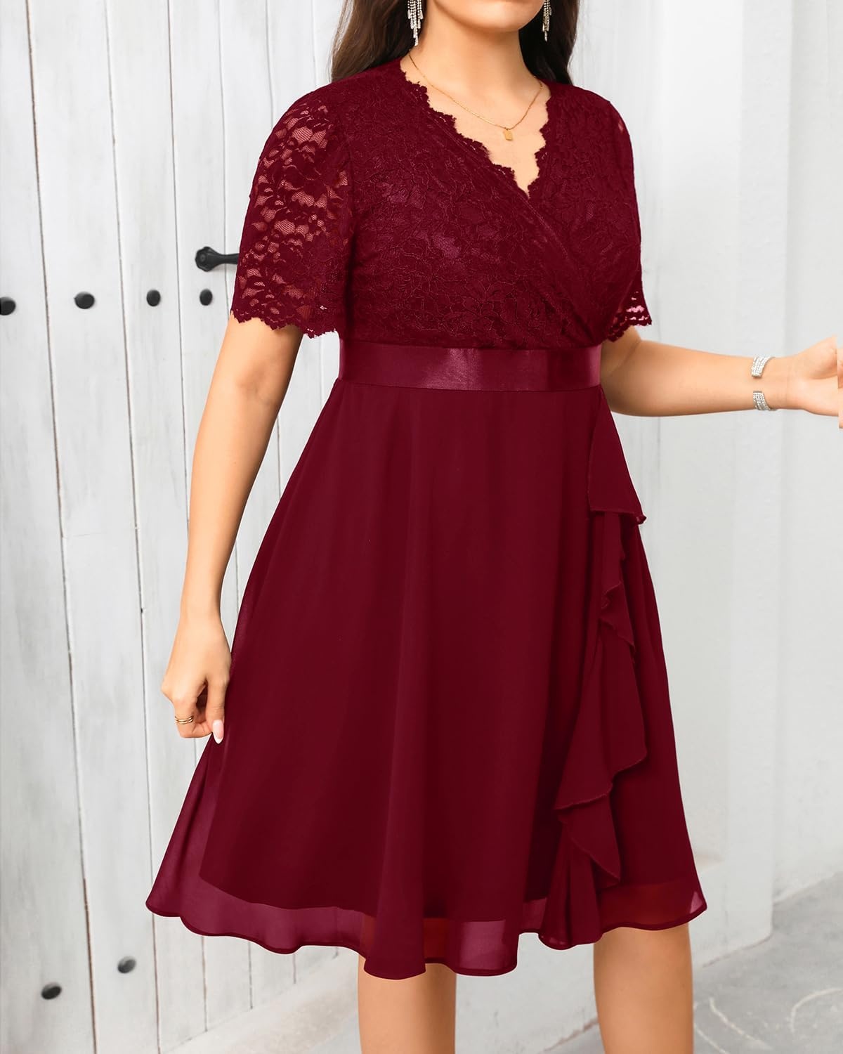 Talisea Plus Size Wedding Guest Lace Chiffon Ruffle Tea Length Dress | Delicate lace bodice / ruffle chiffon skirt / elegant V neck / tea length / light flowy movement(Burgundy)