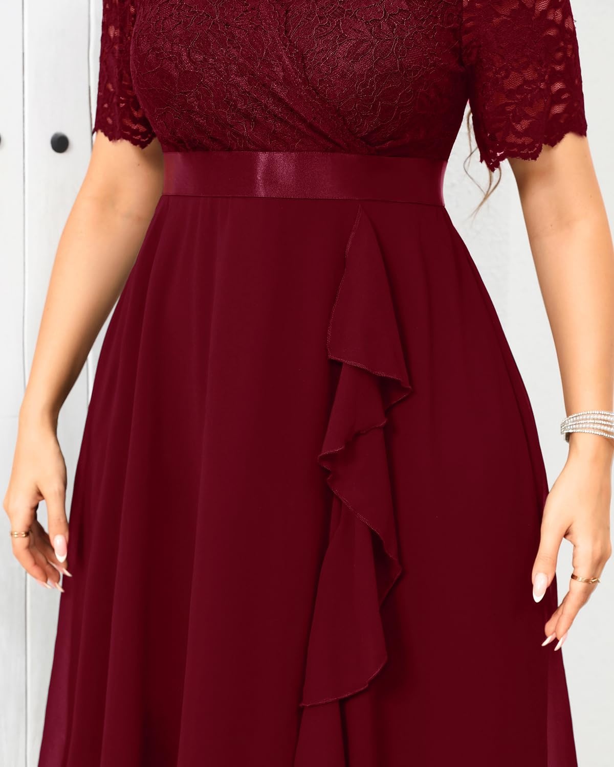 Talisea Plus Size Wedding Guest Lace Chiffon Ruffle Tea Length Dress | Delicate lace bodice / ruffle chiffon skirt / elegant V neck / tea length / light flowy movement(Burgundy)